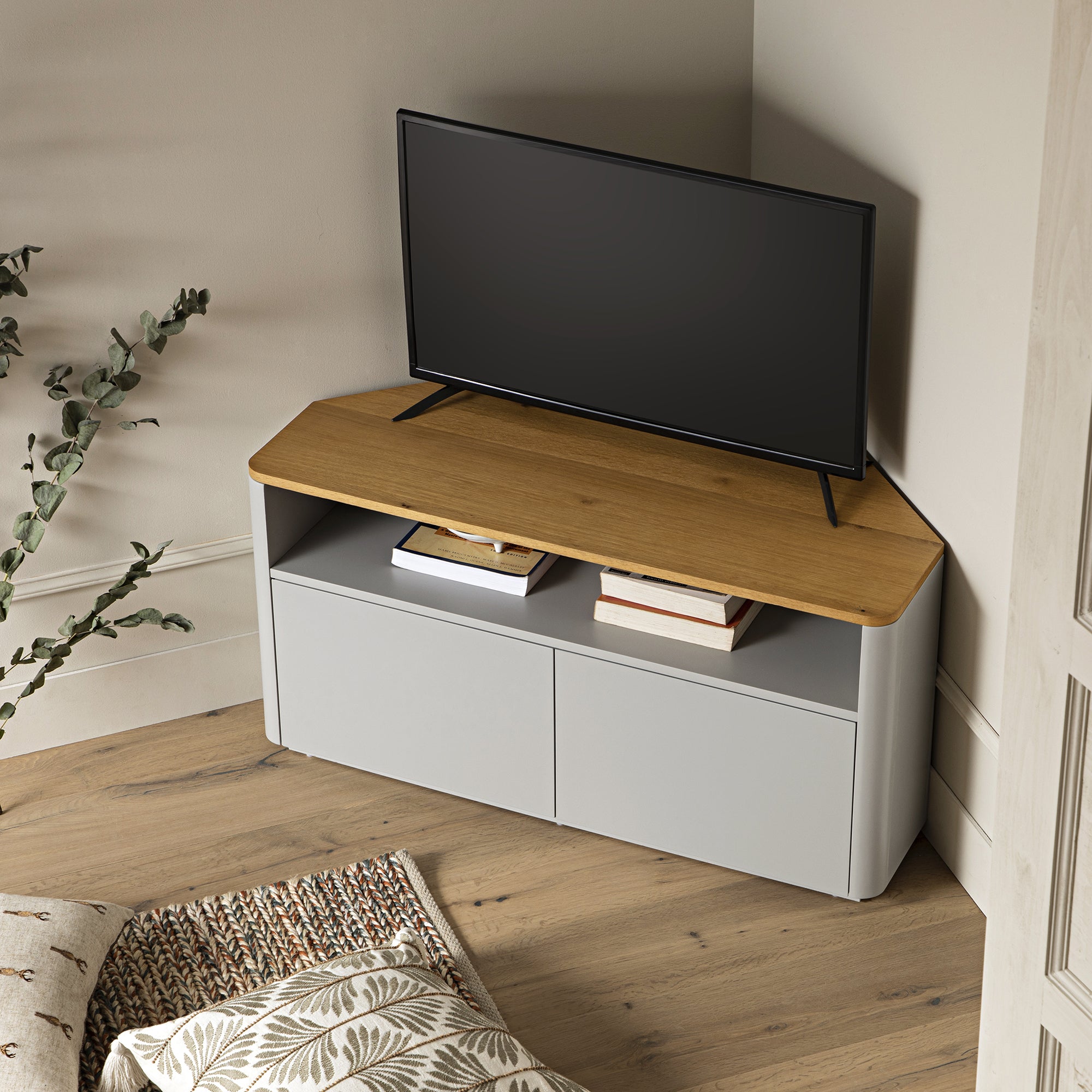 Agnes Curved Edge Corner TV Unit, Dove Grey with Oak Top