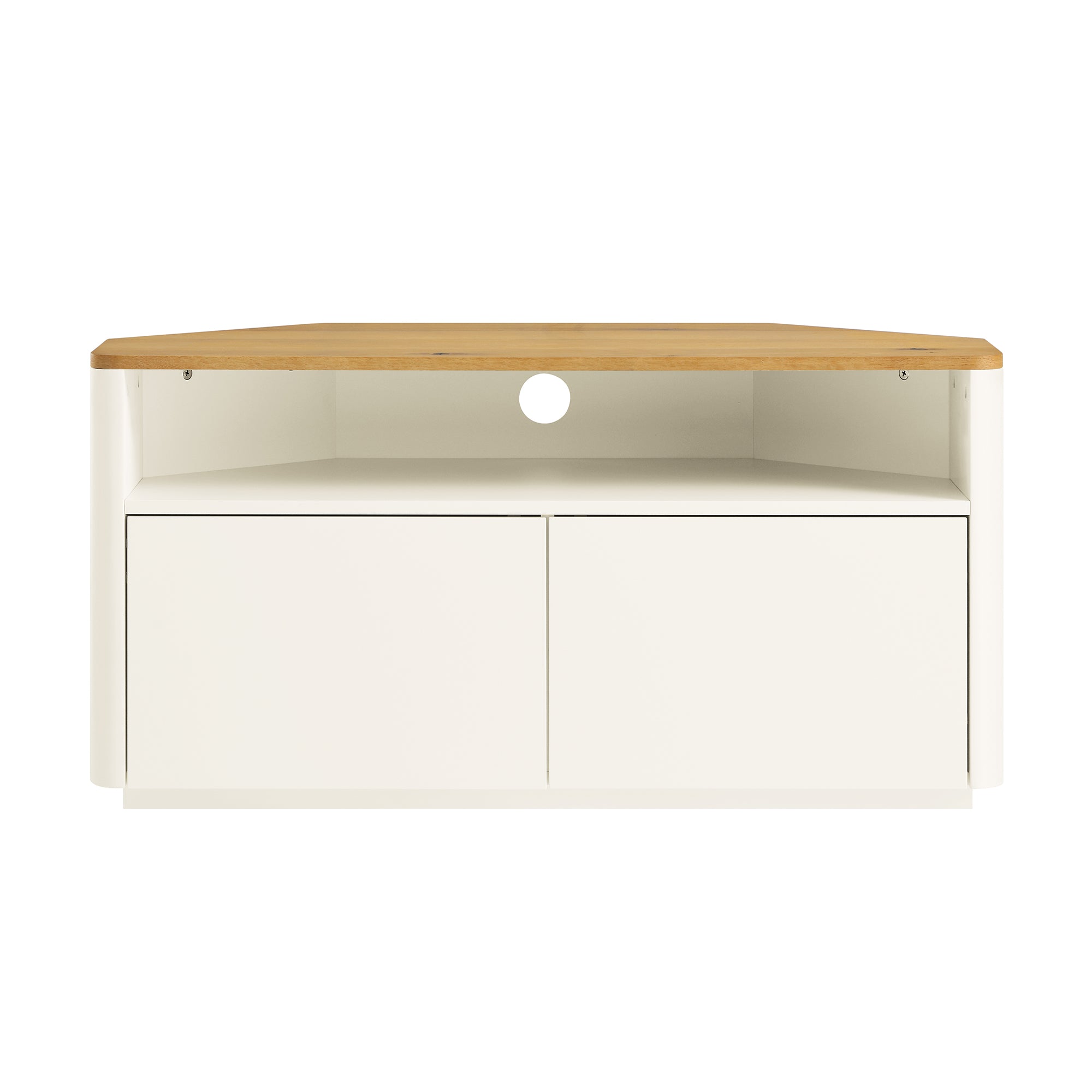 Agnes Curved Edge Corner TV Unit, Off White with Oak Top