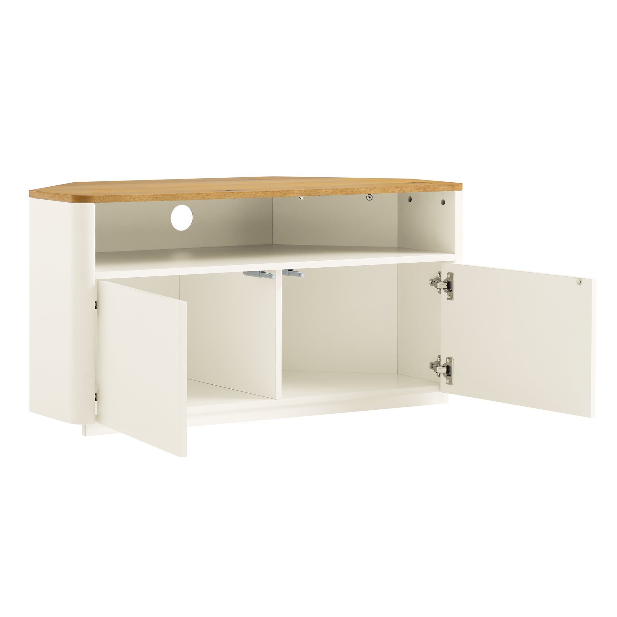 Agnes Curved Edge Corner TV Unit, Off White with Oak Top