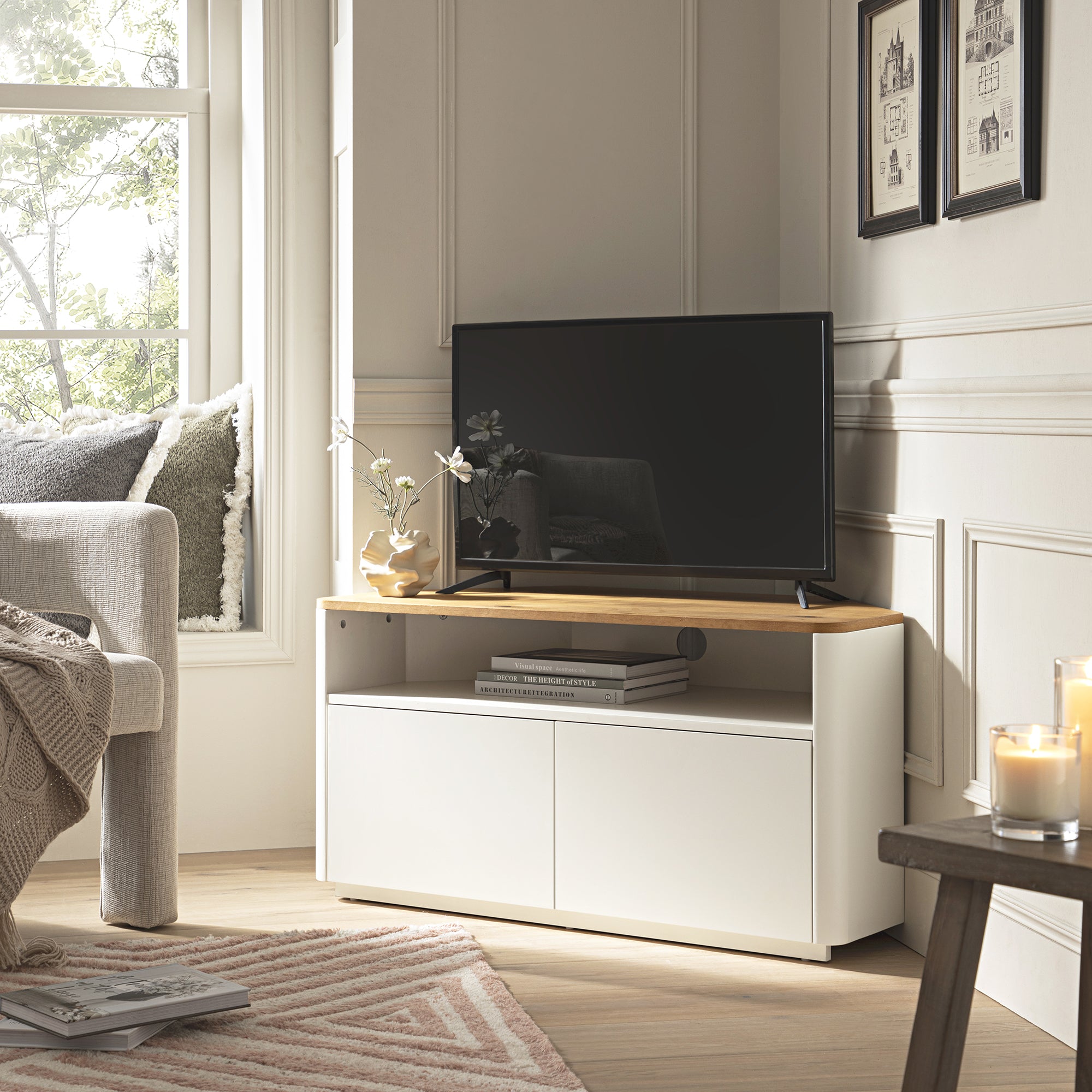 Agnes Curved Edge Corner TV Unit, Off White with Oak Top