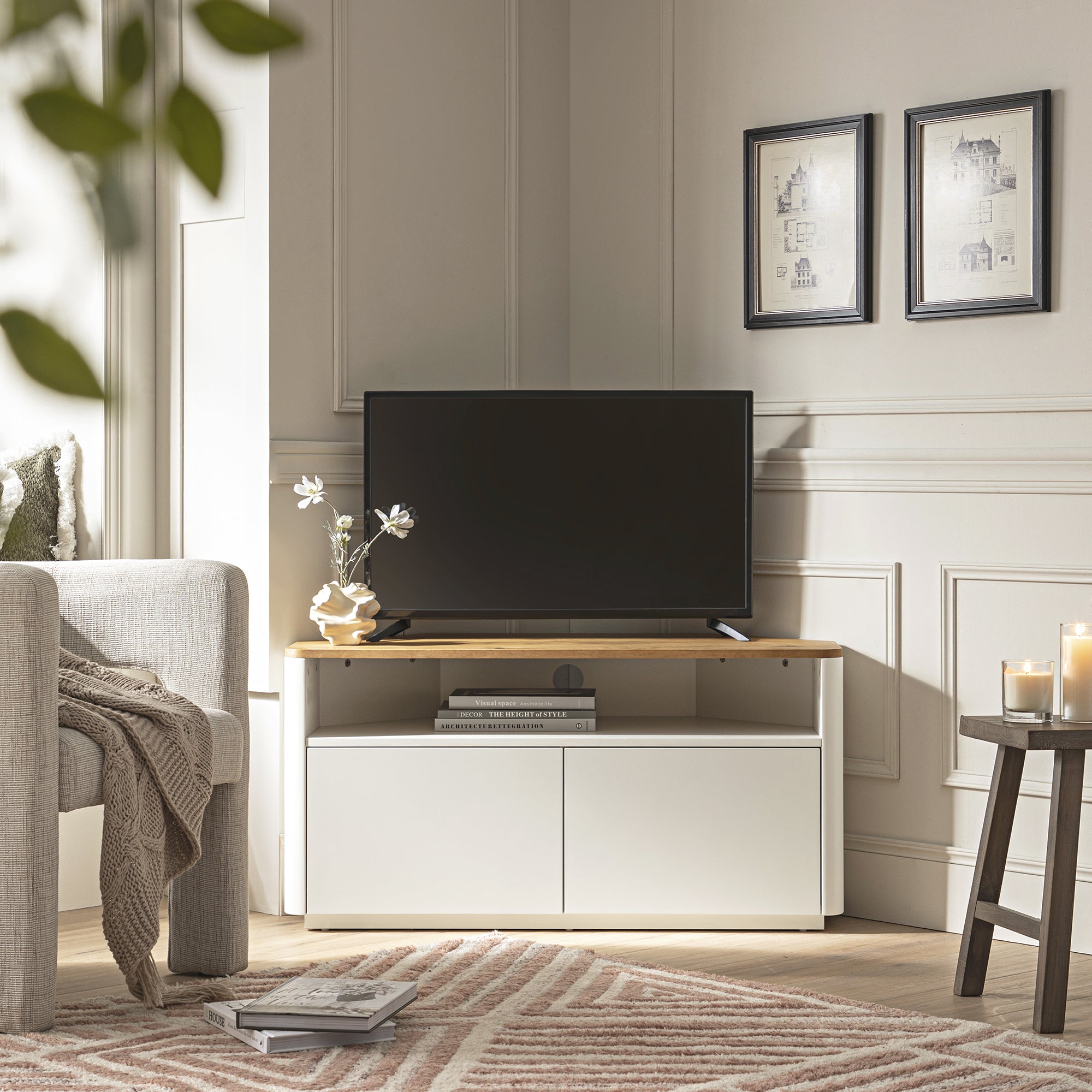 Agnes Curved Edge Corner TV Unit, Off White with Oak Top