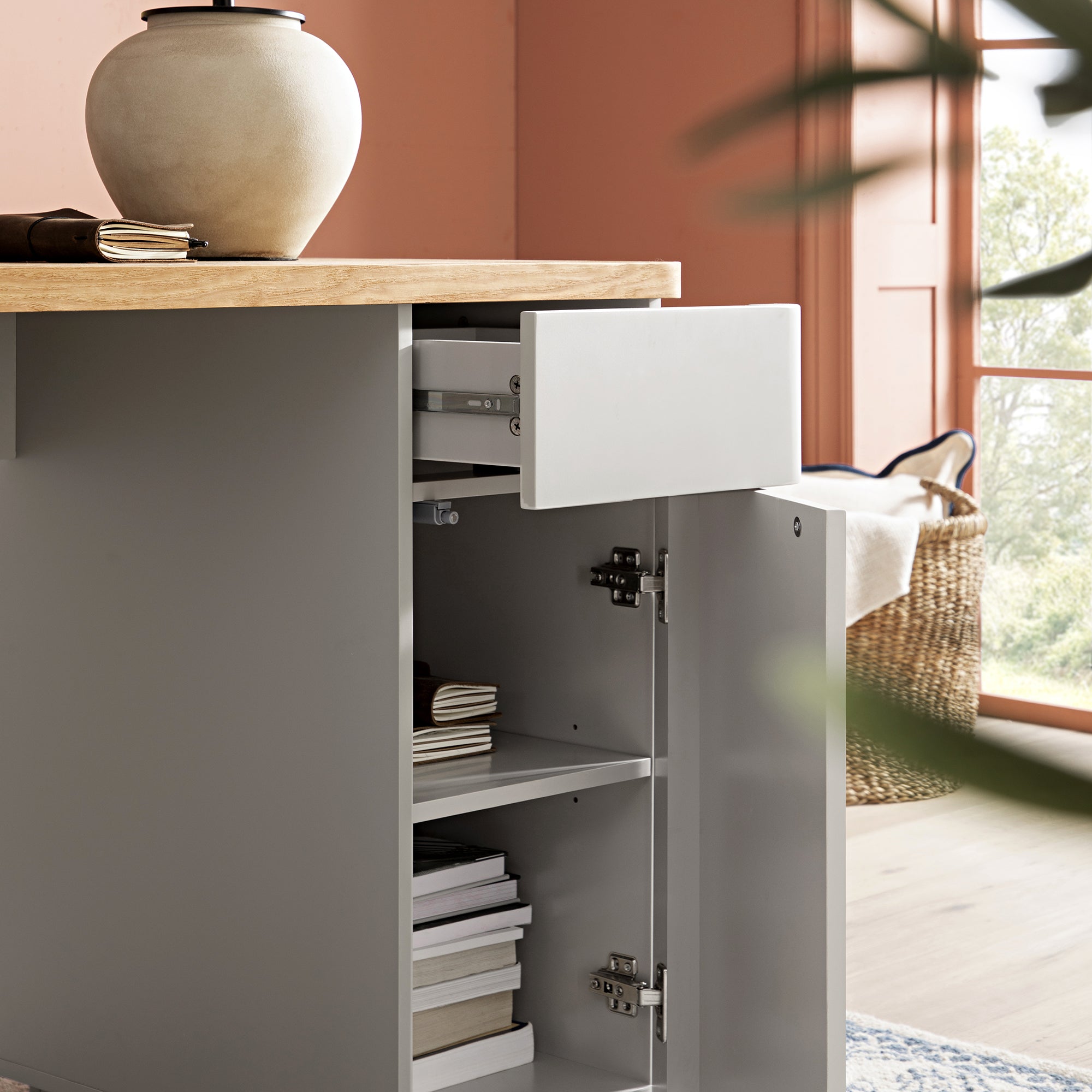 Agnes Curved Edge Desk with Storage, Dove Grey with Oak Top