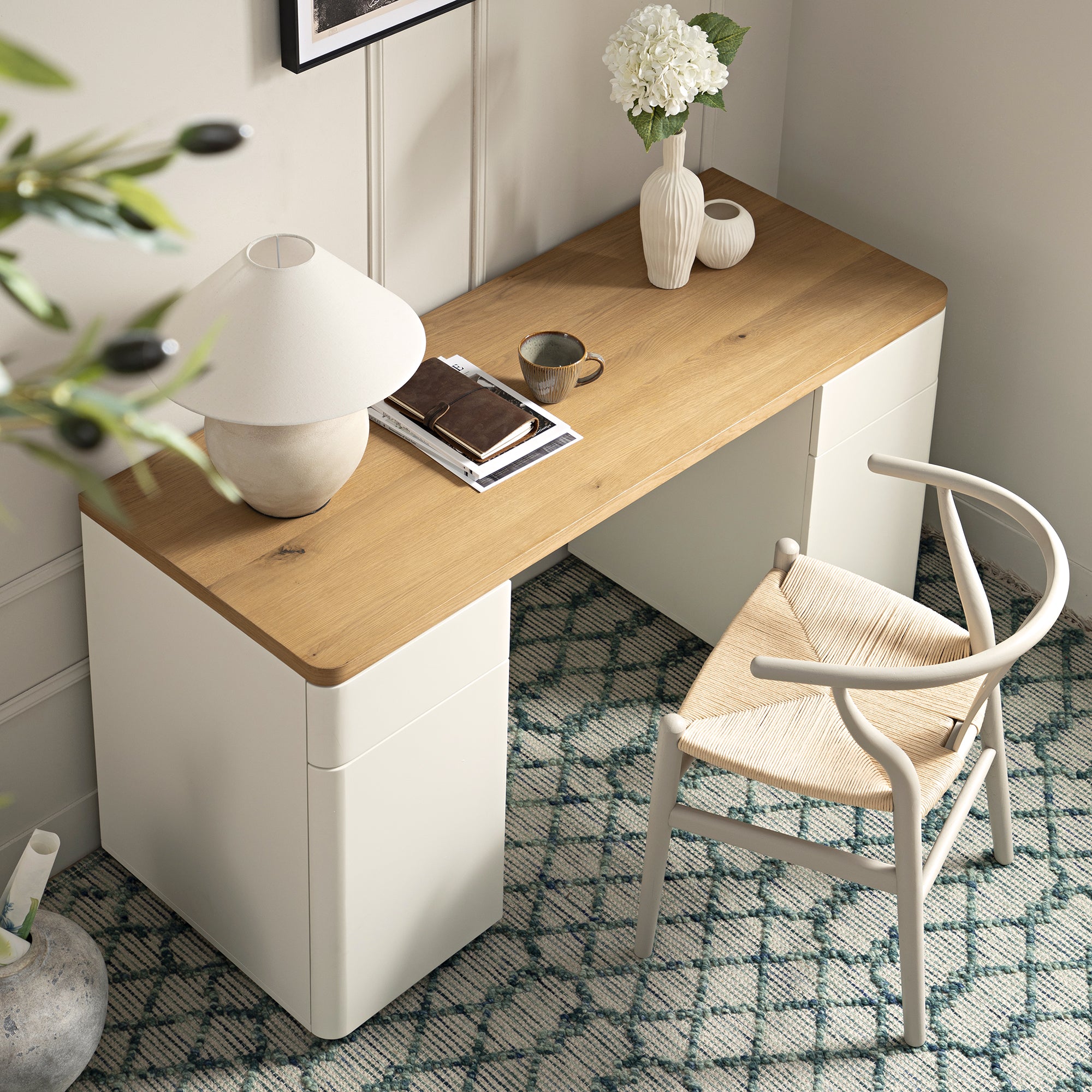 Agnes Curved Edge Desk with Storage, Off White with Oak Top