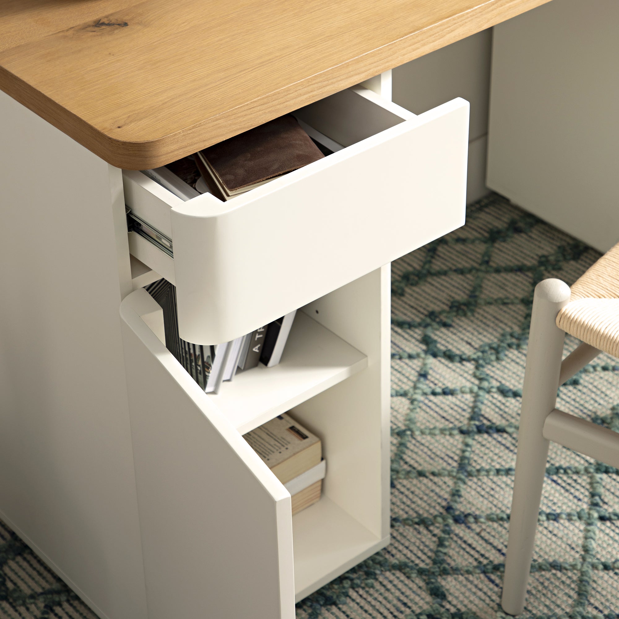 Agnes Curved Edge Desk with Storage, Off White with Oak Top