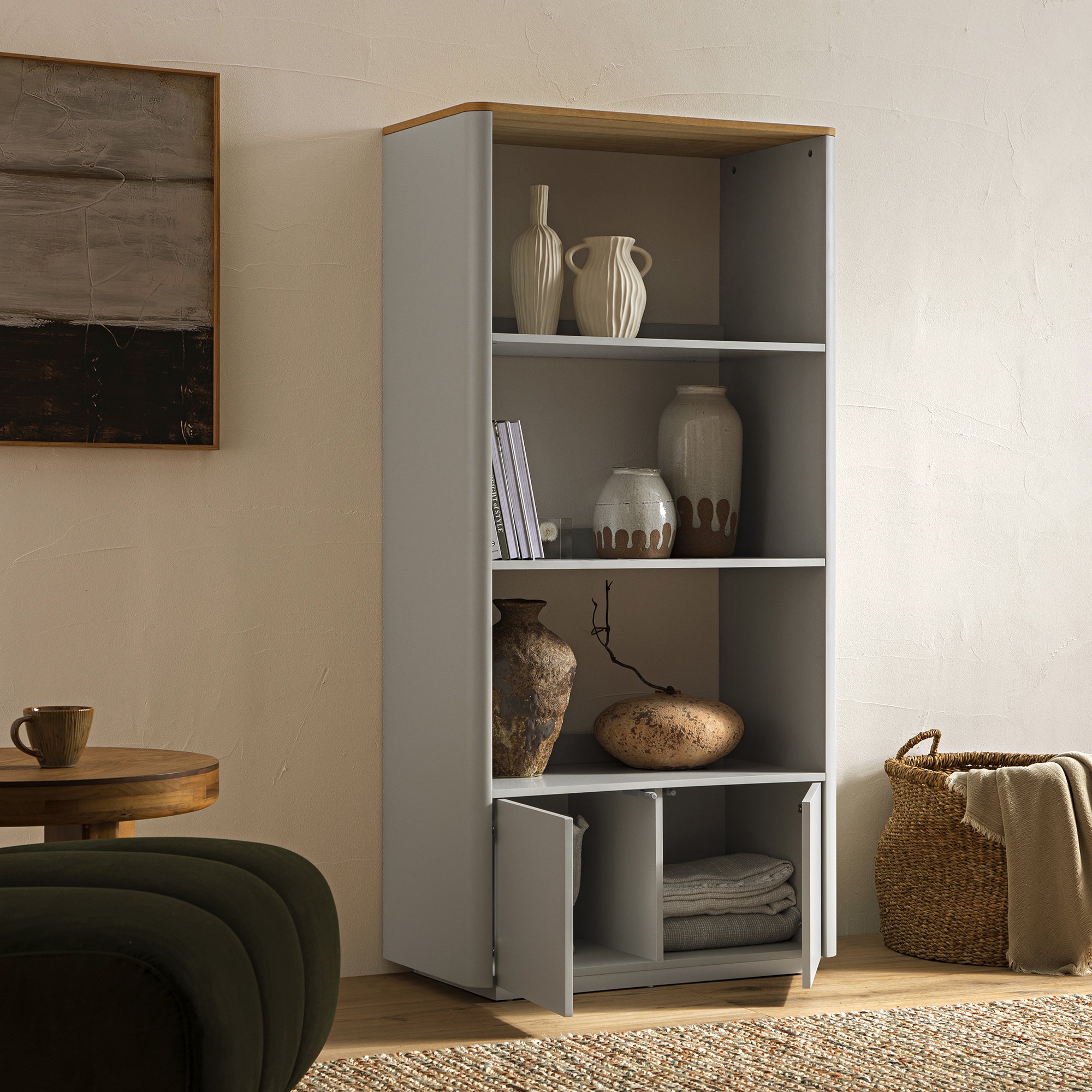 Agnes Curved Edge Bookcase, Dove Grey with Oak Top