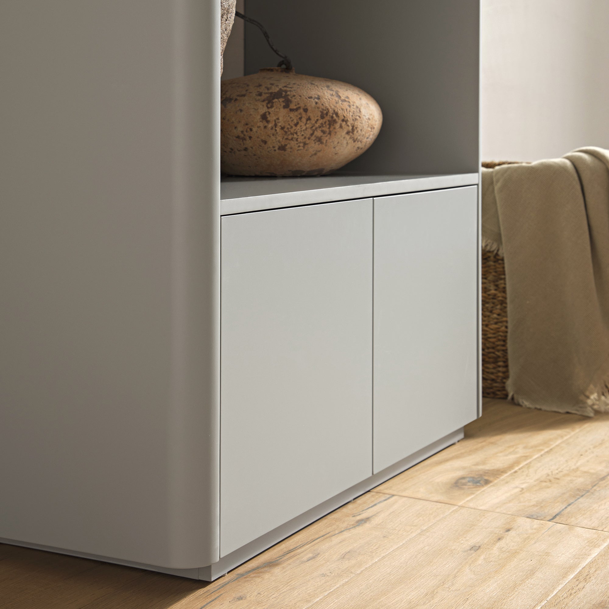 Agnes Curved Edge Bookcase, Dove Grey with Oak Top