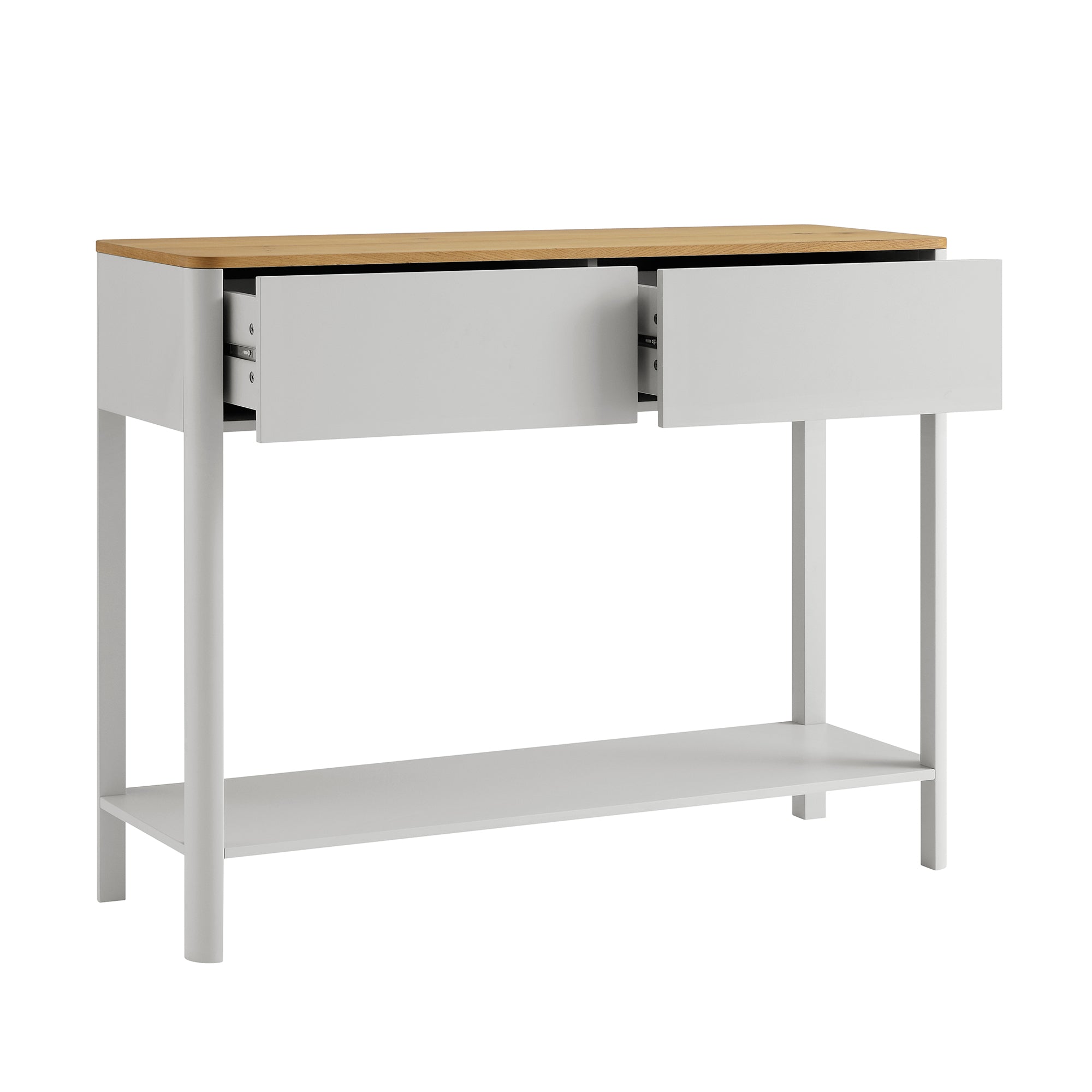 Agnes Curved Edge 2 Drawer Console Table, Dove Grey with Oak Top