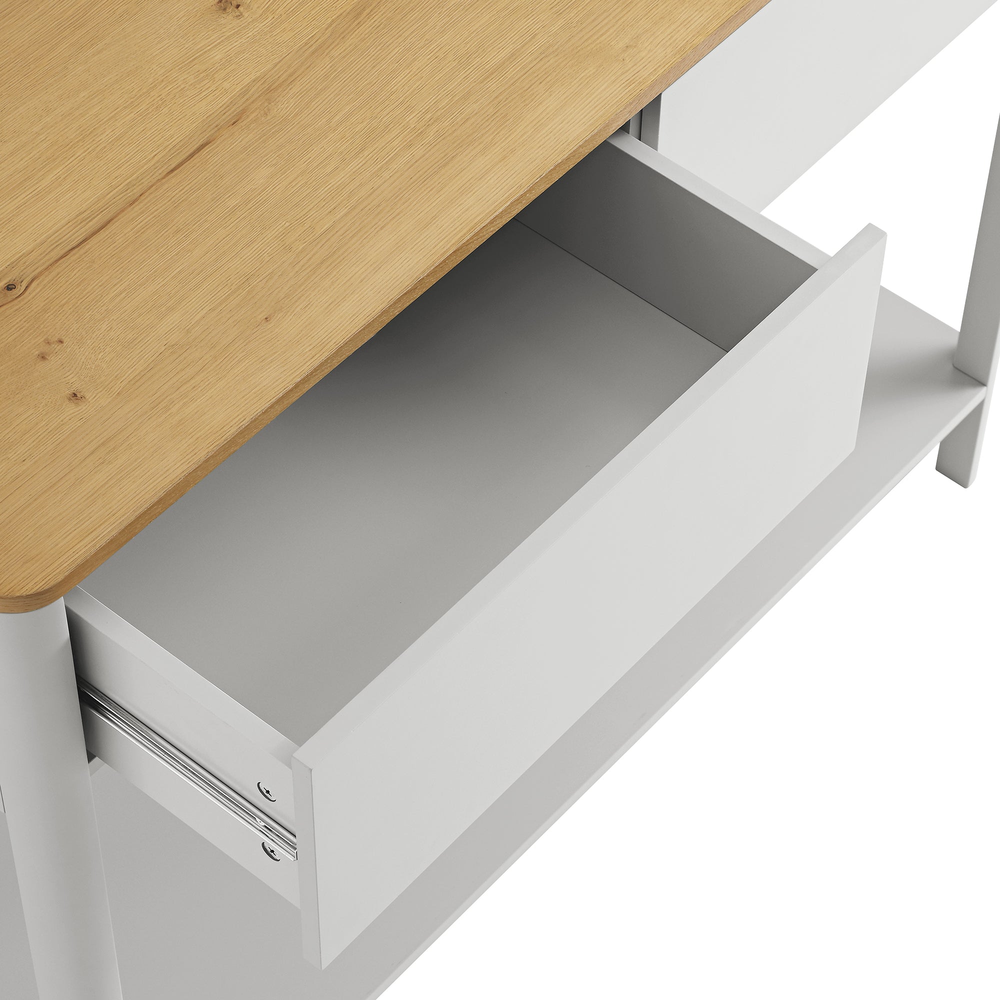 Agnes Curved Edge 2 Drawer Console Table, Dove Grey with Oak Top