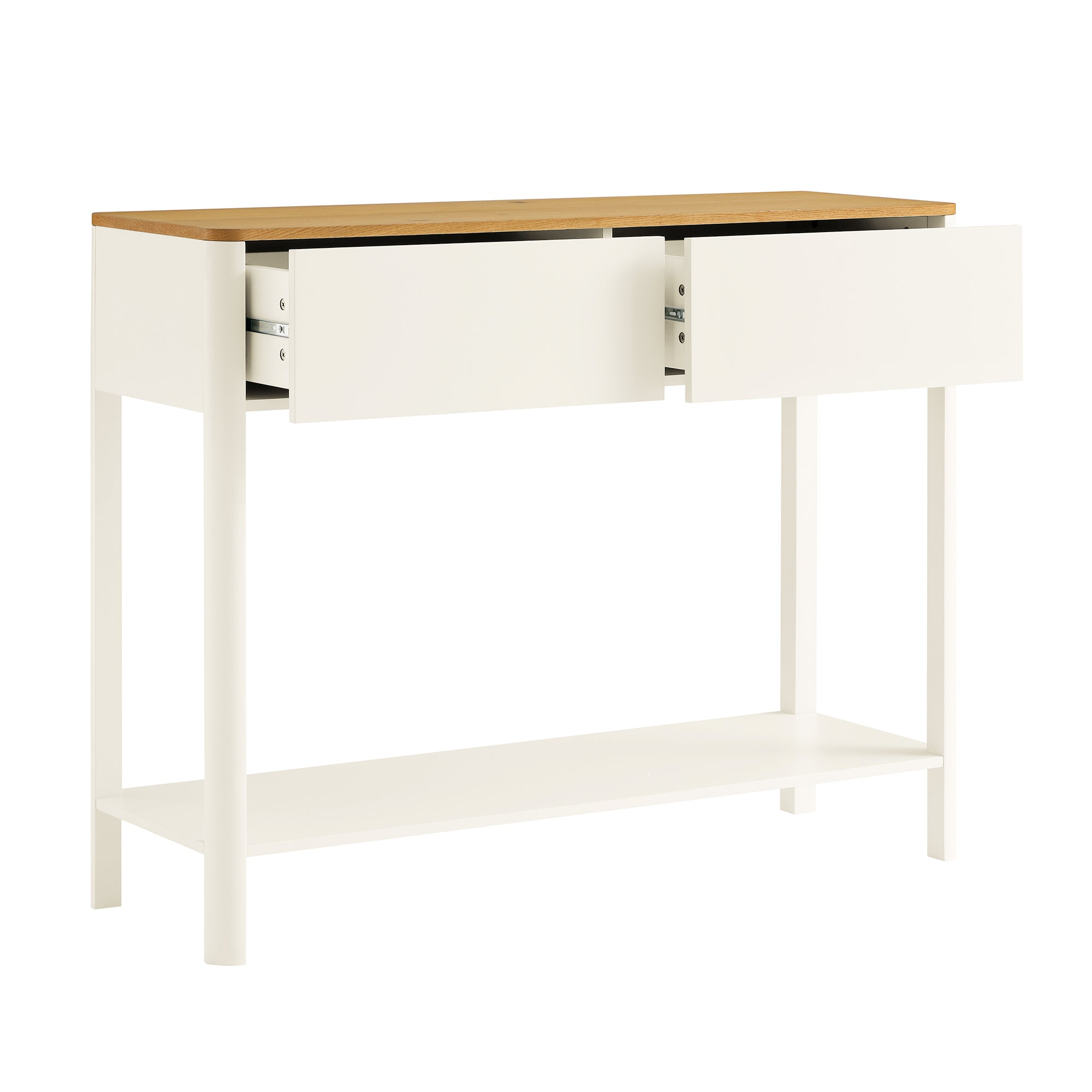 Agnes Curved Edge 2 Drawer Console Table, Off White with Oak Top