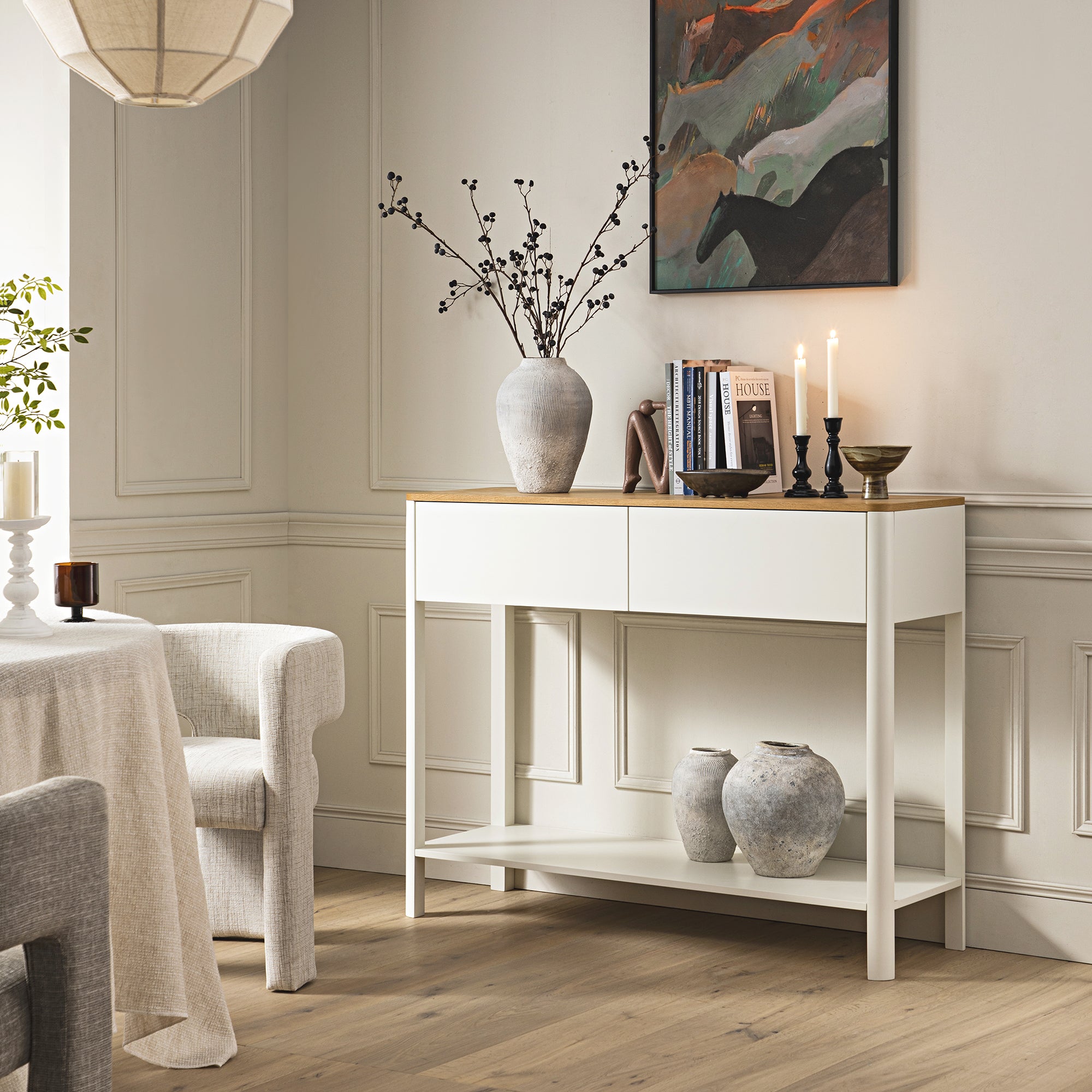 Agnes Curved Edge 2 Drawer Console Table, Off White with Oak Top