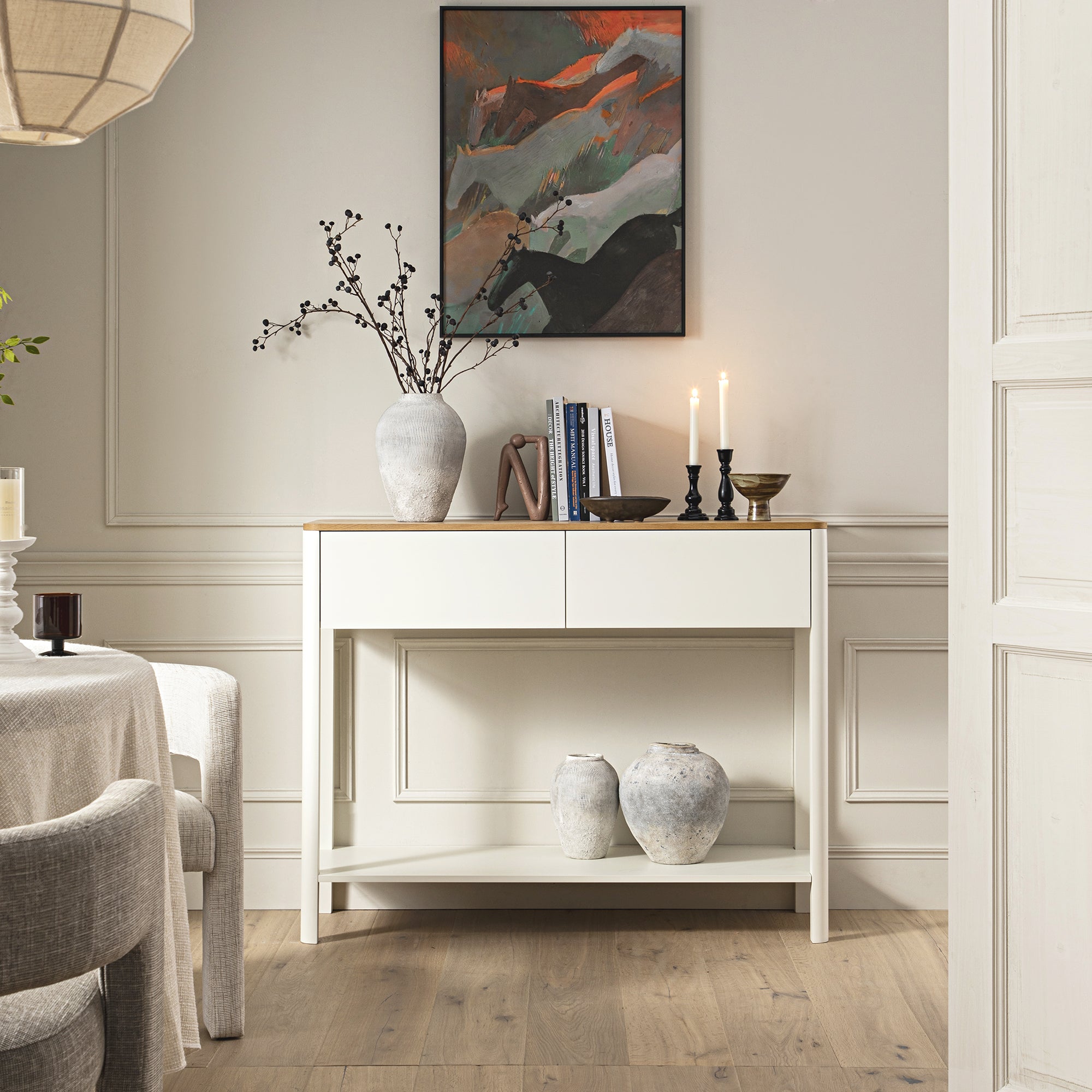 Agnes Curved Edge 2 Drawer Console Table, Off White with Oak Top