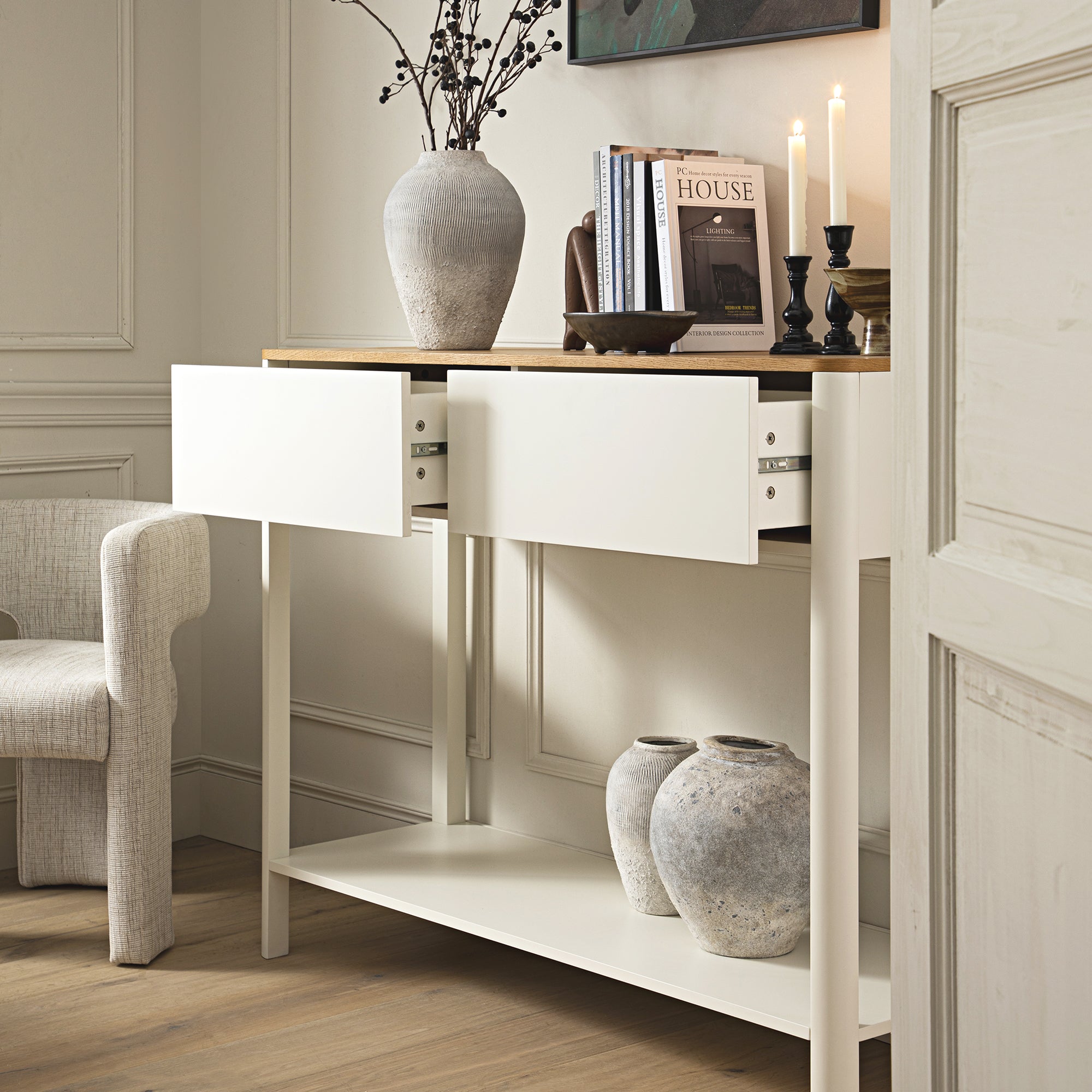 Agnes Curved Edge 2 Drawer Console Table, Off White with Oak Top