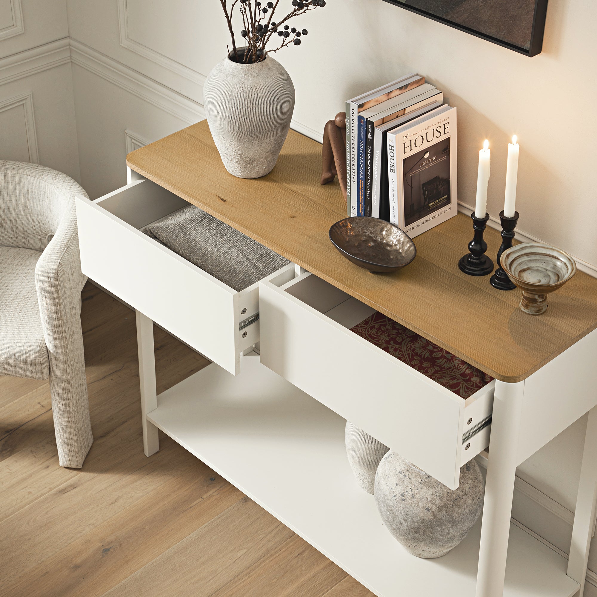 Agnes Curved Edge 2 Drawer Console Table, Off White with Oak Top