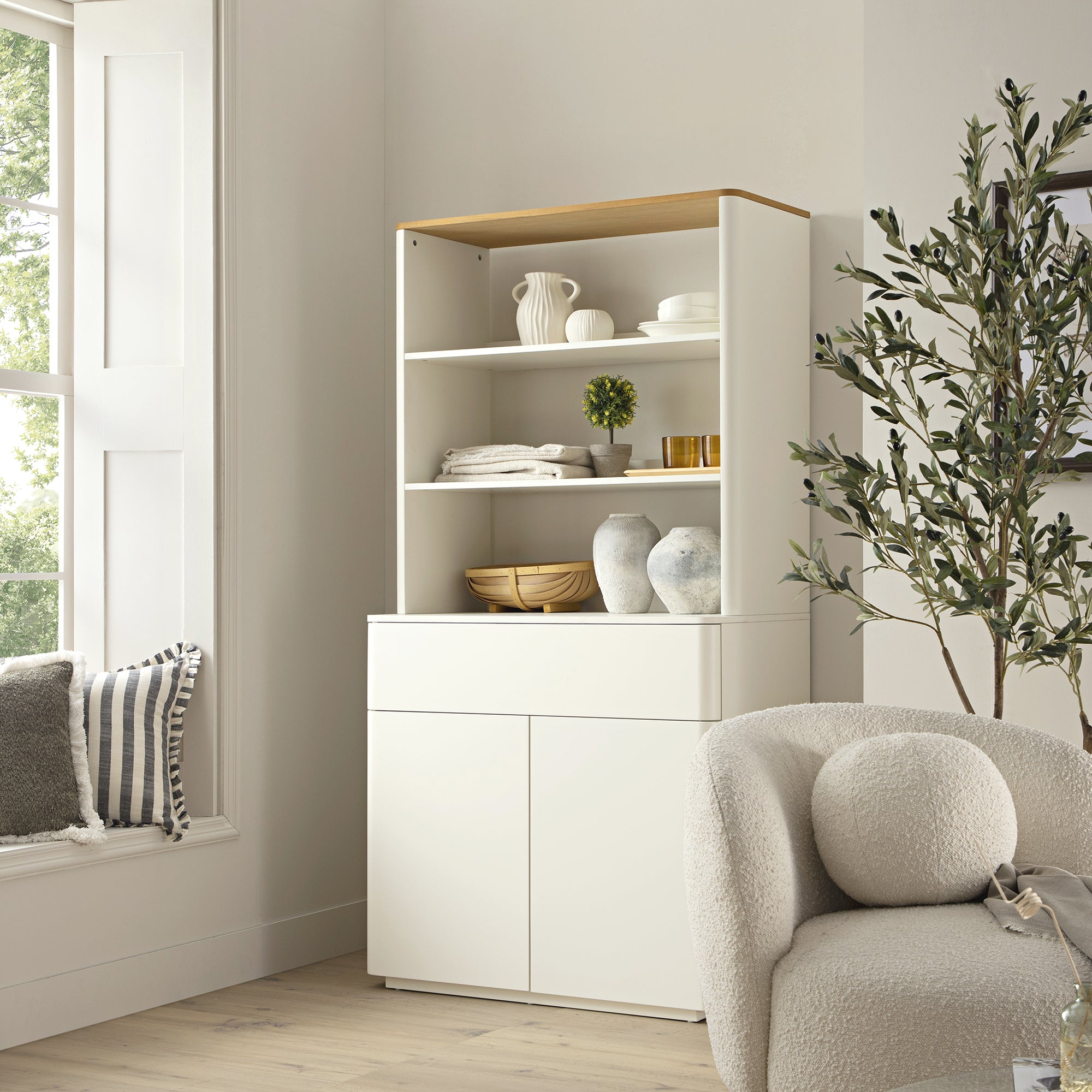 Agnes Curved Edge Dresser, Off White with Oak Top