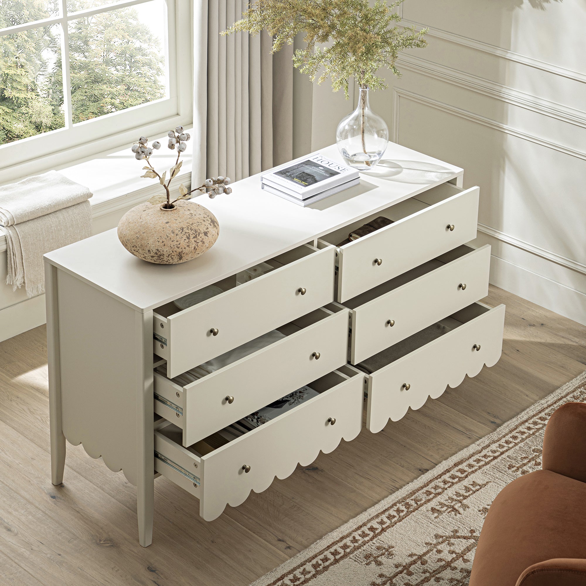 Henley Scalloped Edge 6 Drawer 140cm Wide Chest, Light Sand