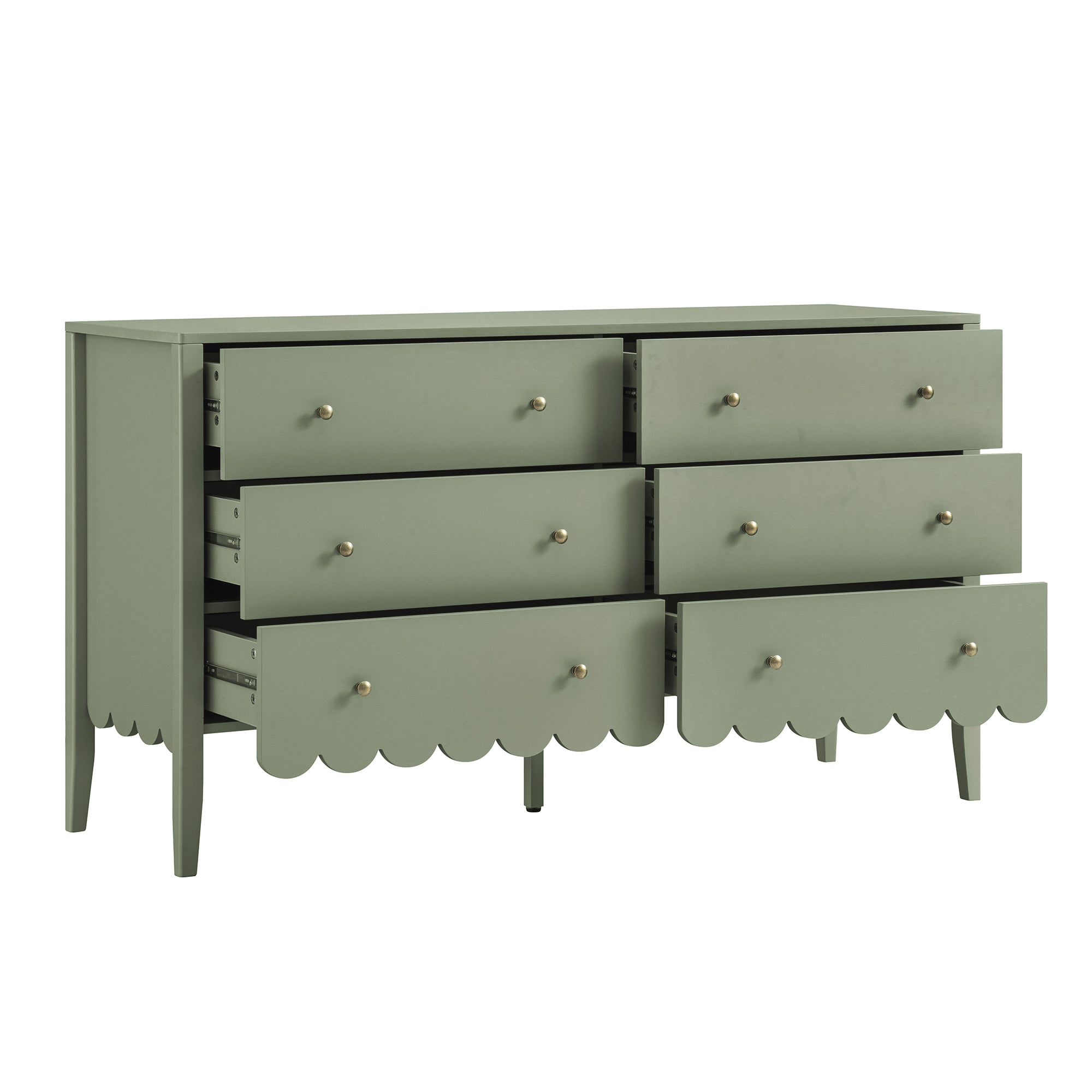 Henley Scalloped Edge 6 Drawer 140cm Wide Chest, Sage Green