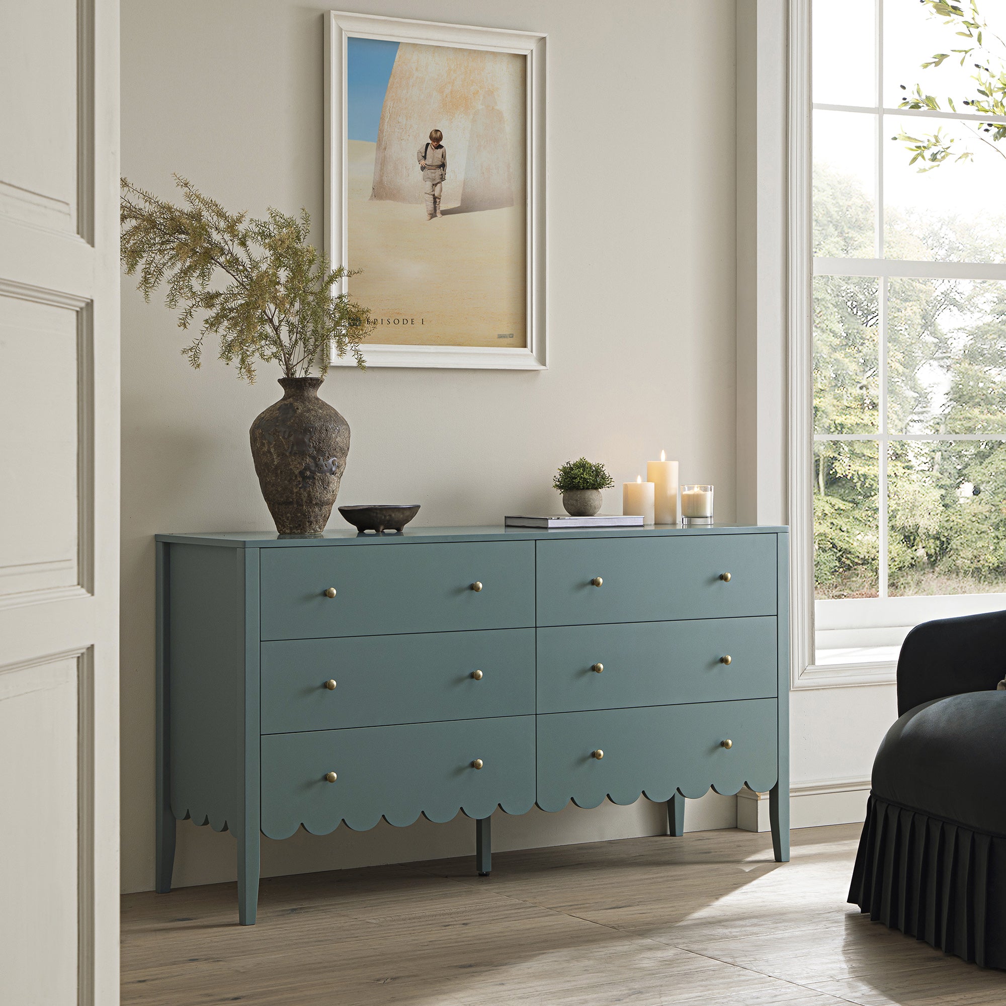 Henley Scalloped Edge 6 Drawer 140cm Wide Chest, Blue Spruce