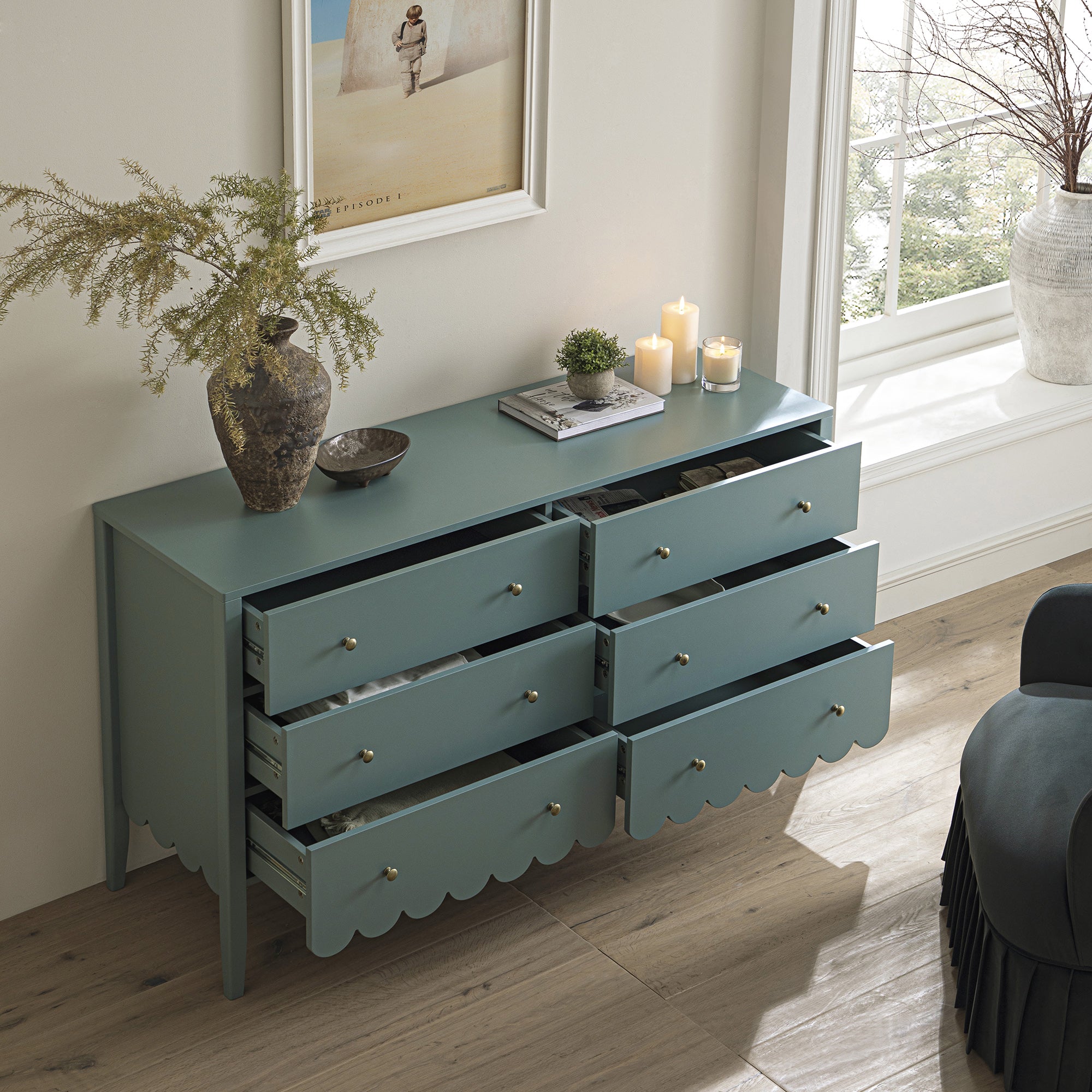 Henley Scalloped Edge 6 Drawer 140cm Wide Chest, Blue Spruce