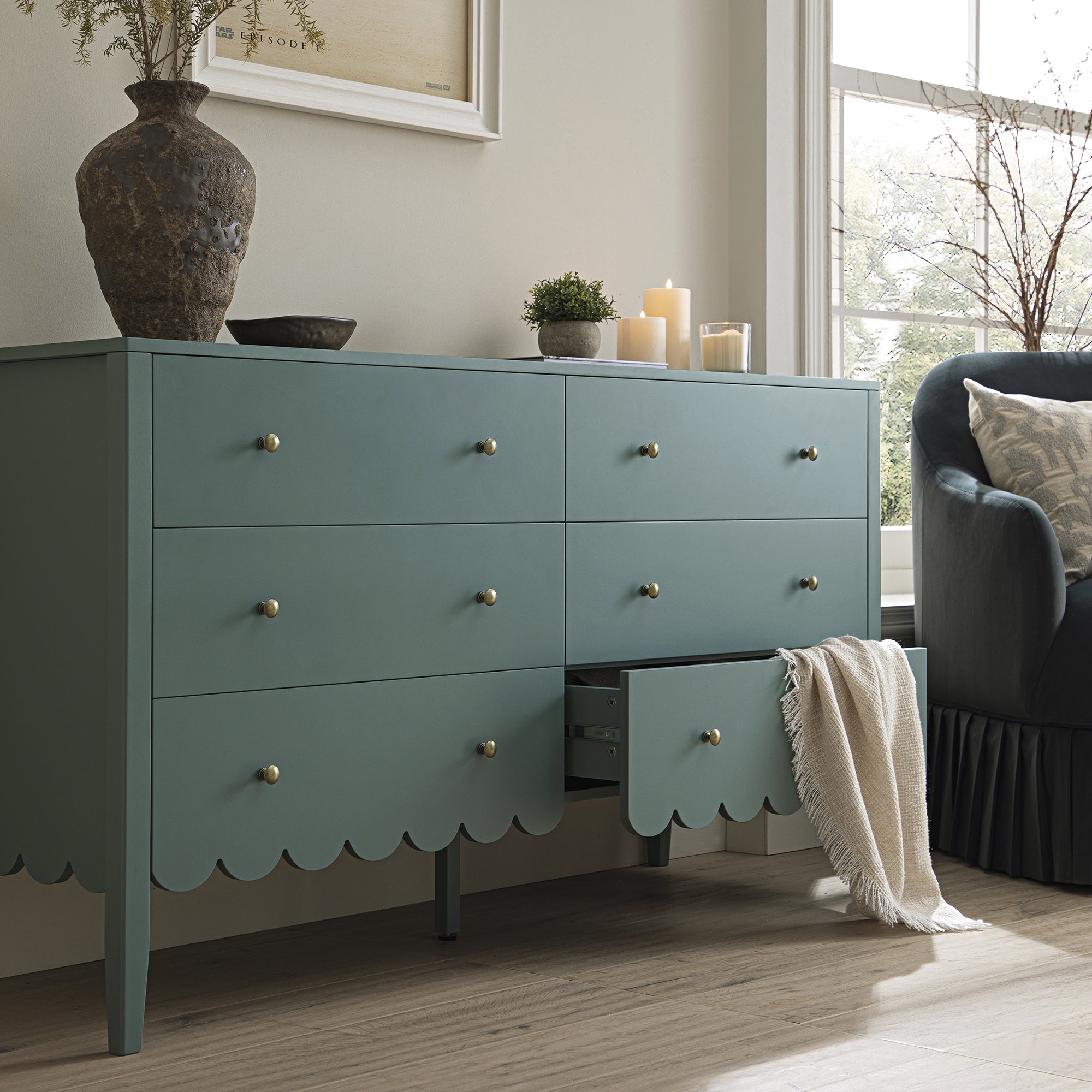 Henley Scalloped Edge 6 Drawer 140cm Wide Chest, Blue Spruce