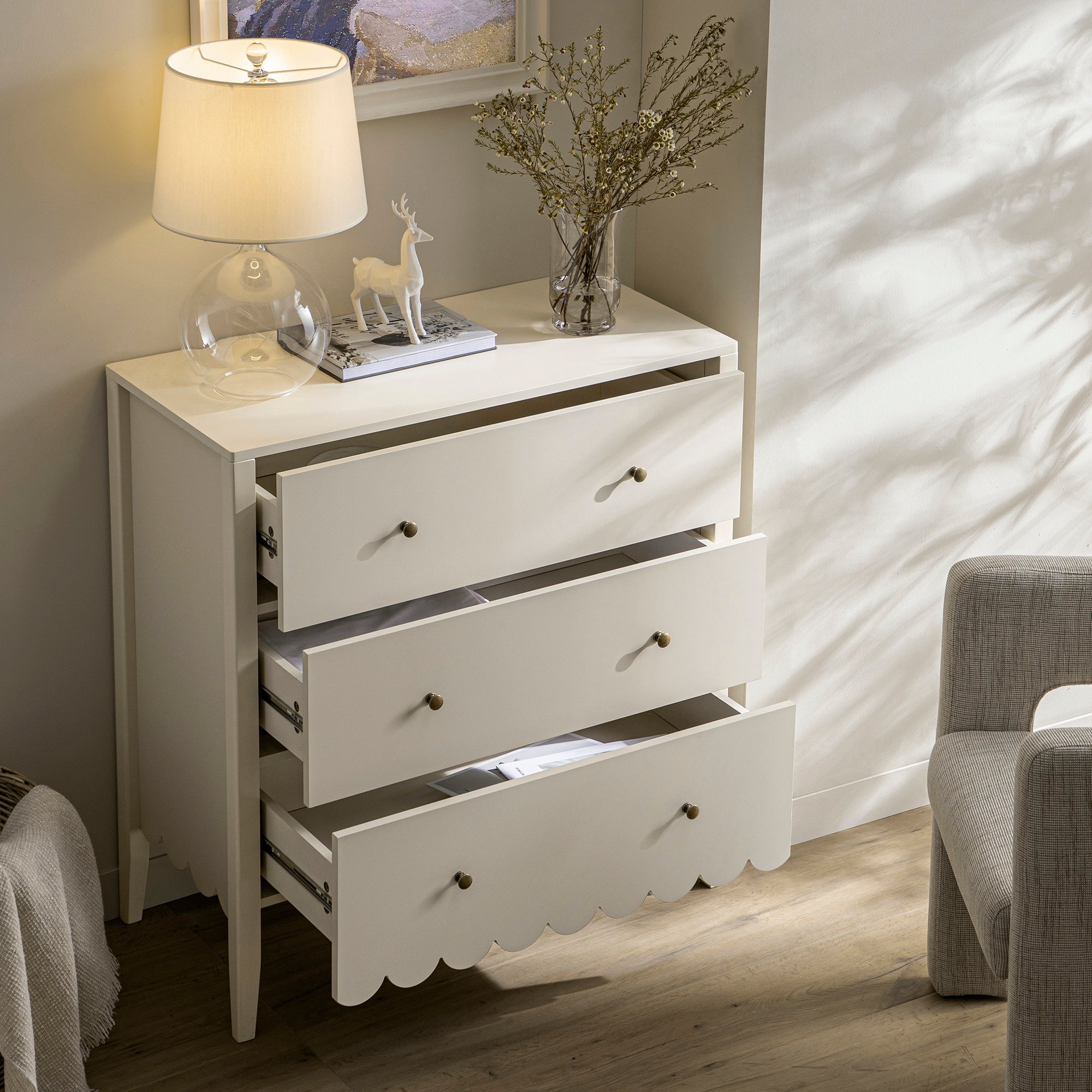 Henley Scalloped Edge 3 Drawer Chest, Light Sand