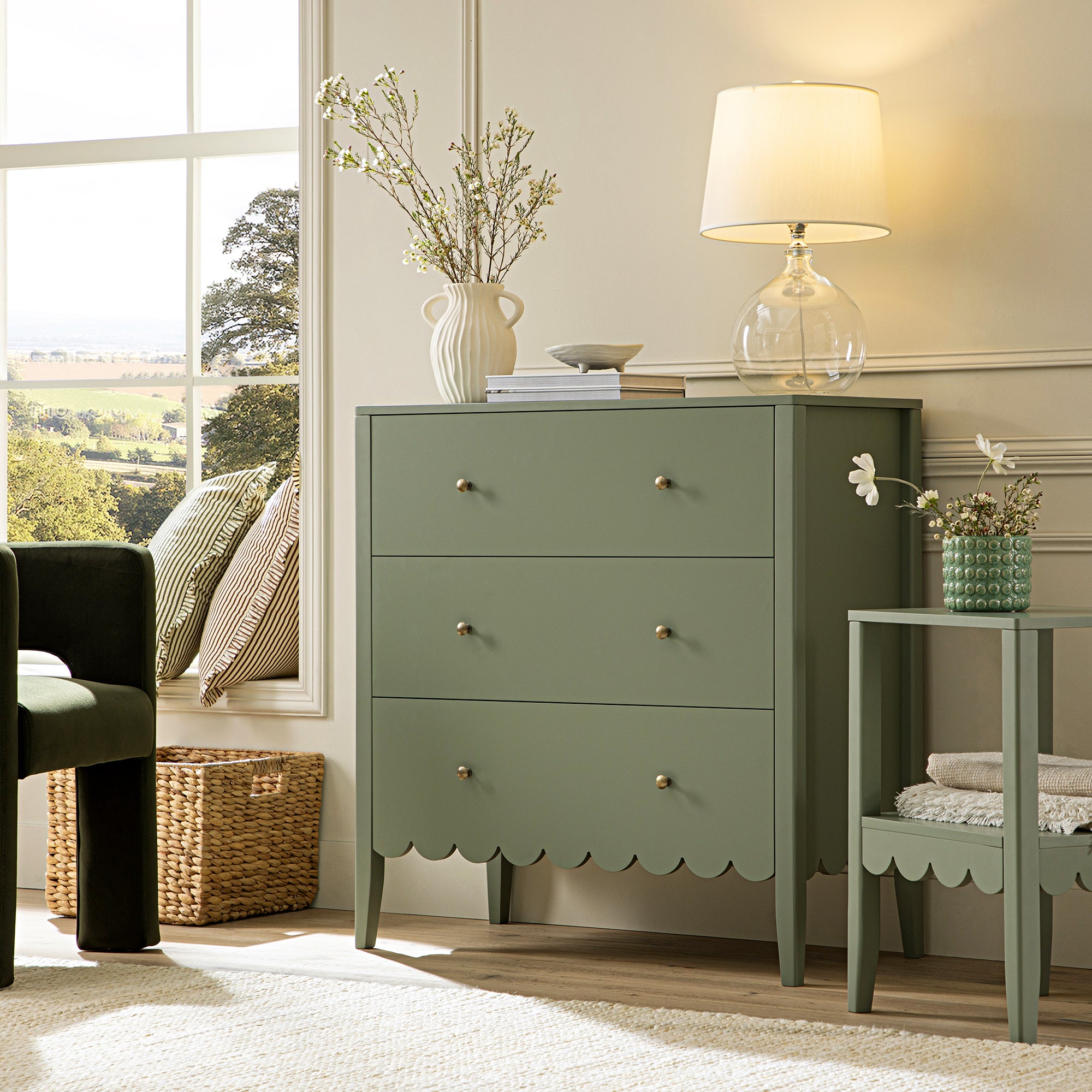 Henley Scalloped Edge 3 Drawer Chest, Sage Green