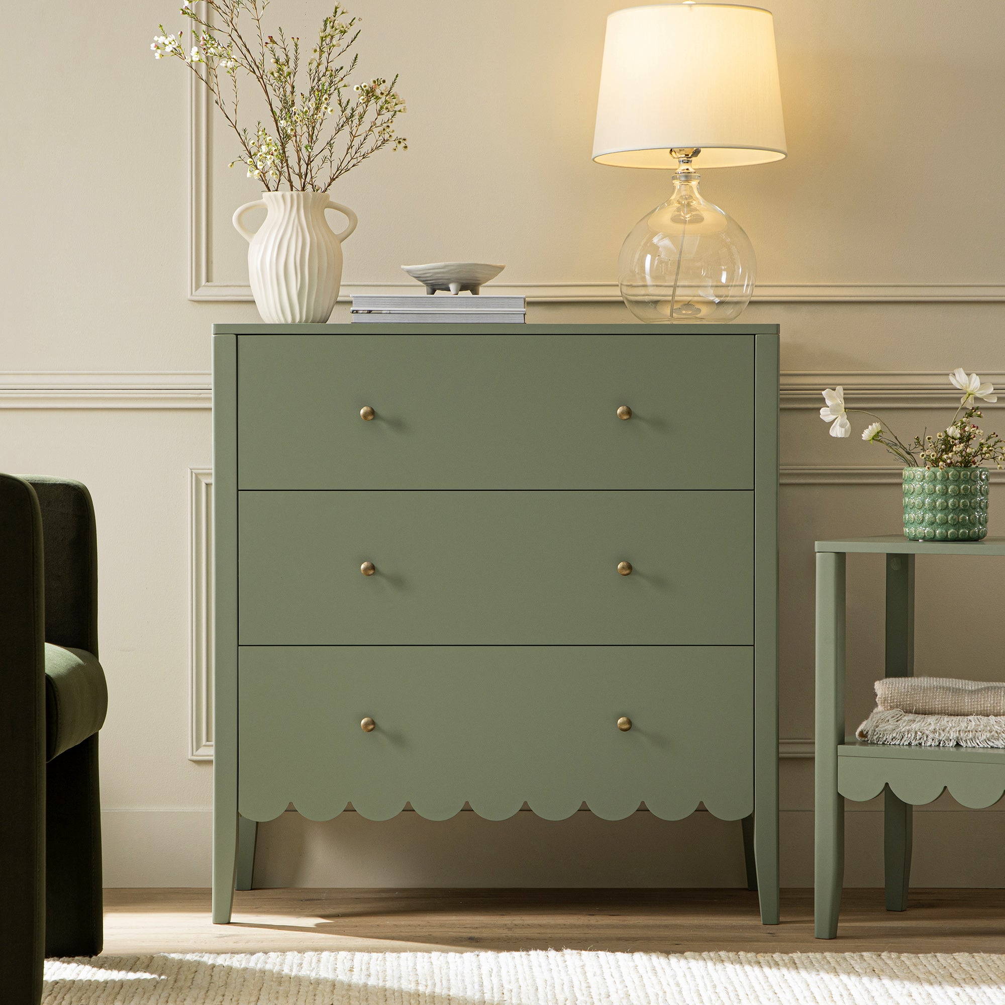 Henley Scalloped Edge 3 Drawer Chest, Sage Green