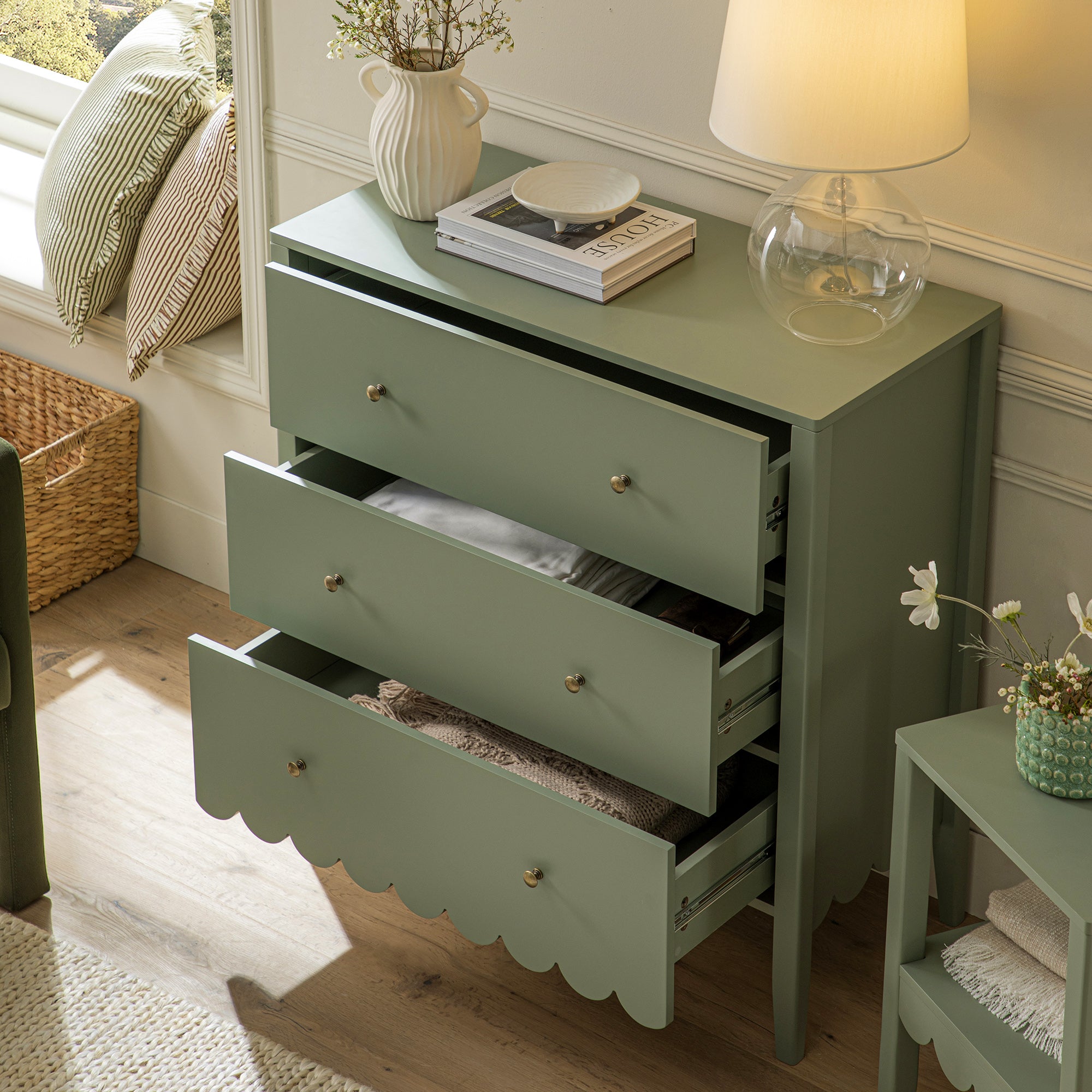 Henley Scalloped Edge 3 Drawer Chest, Sage Green