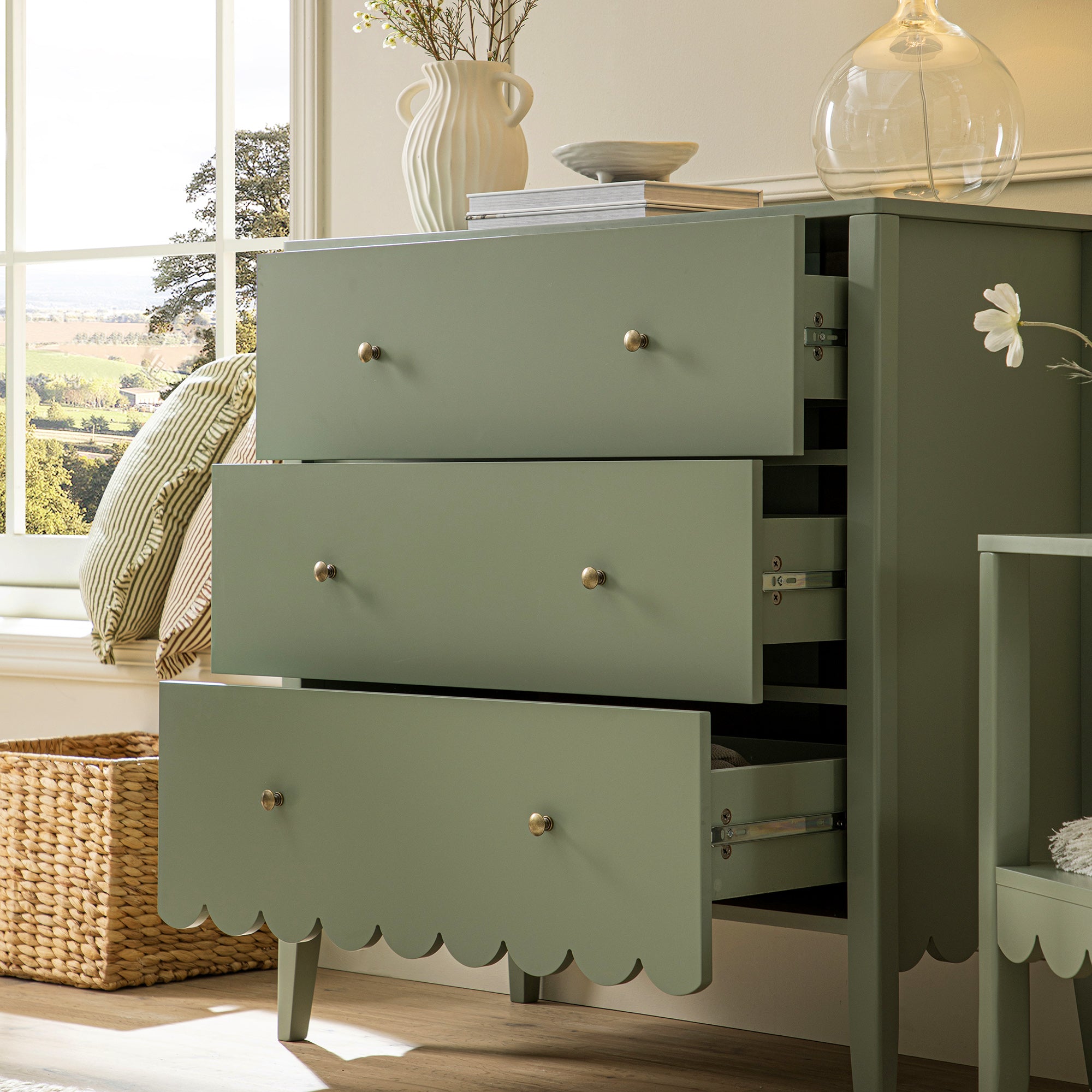 Henley Scalloped Edge 3 Drawer Chest, Sage Green