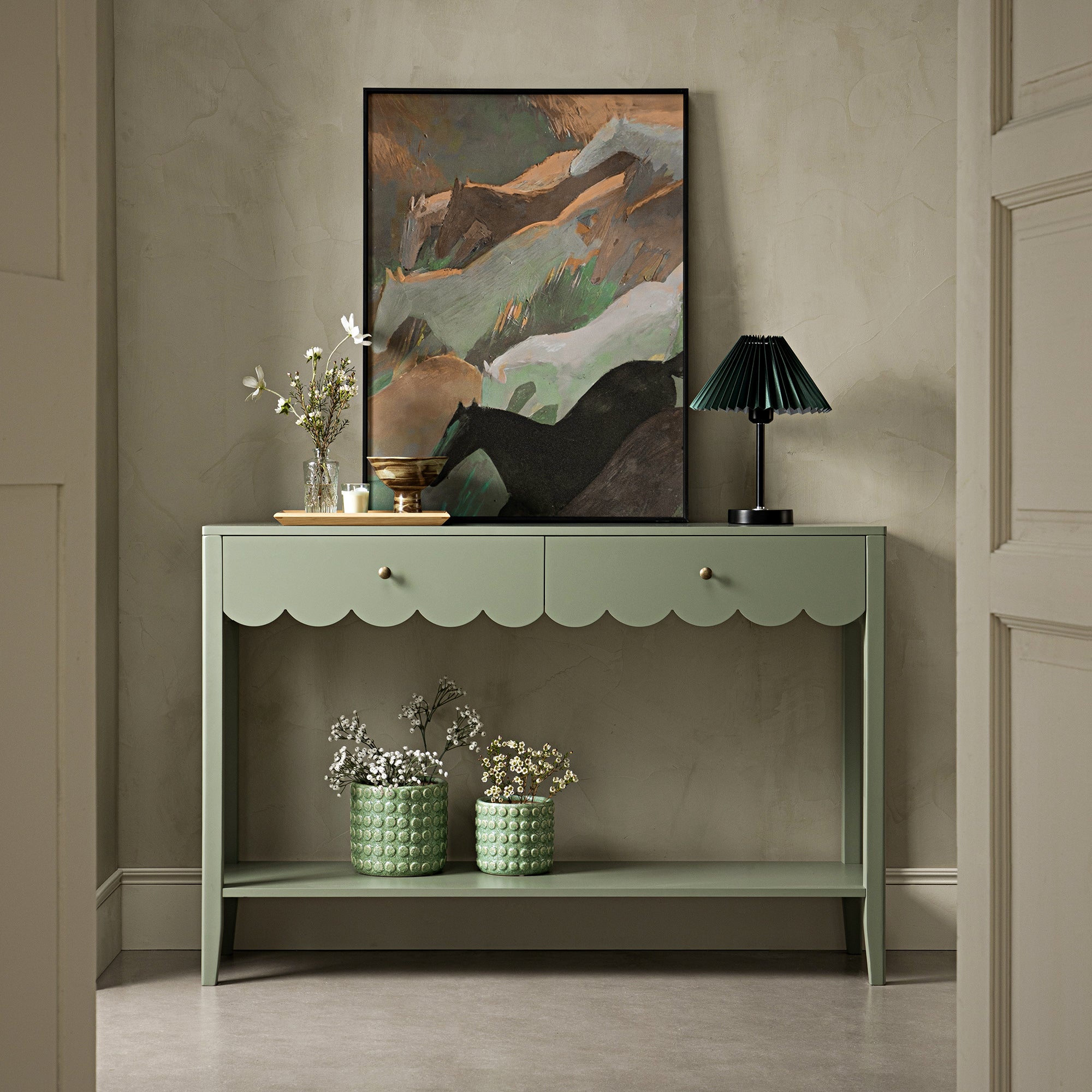 Henley Scalloped Edge Console Table, Sage Green