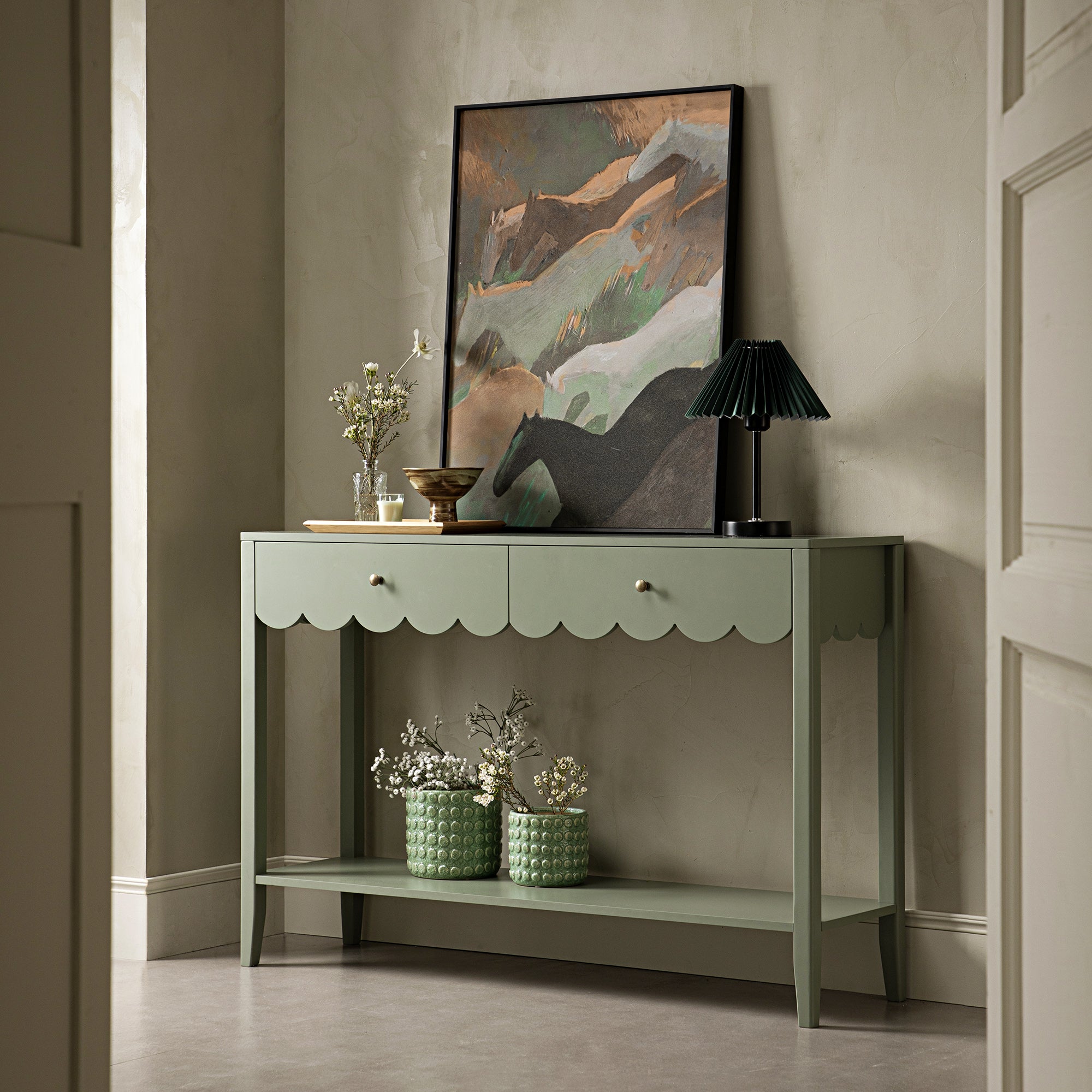 Henley Scalloped Edge Console Table, Sage Green