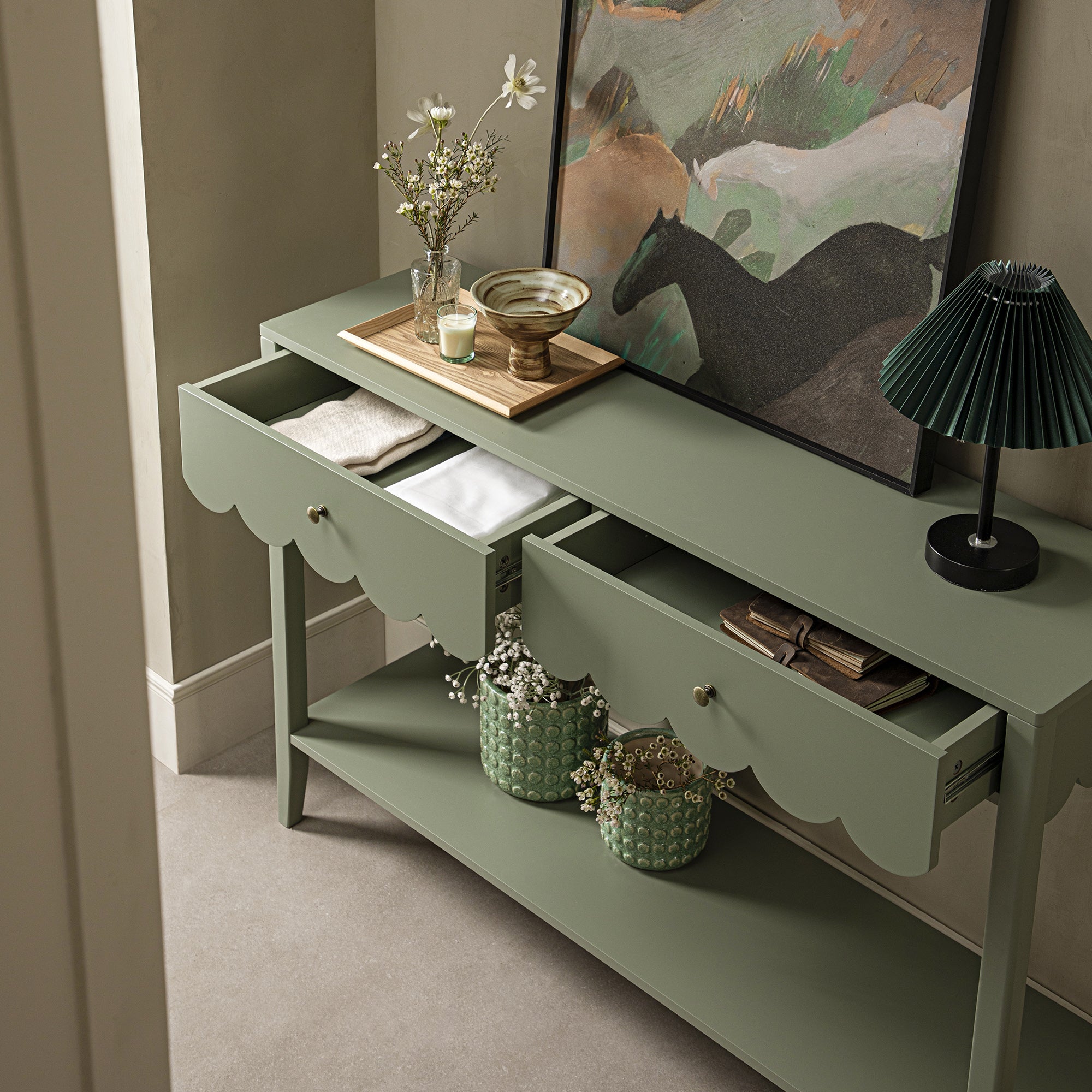 Henley Scalloped Edge Console Table, Sage Green