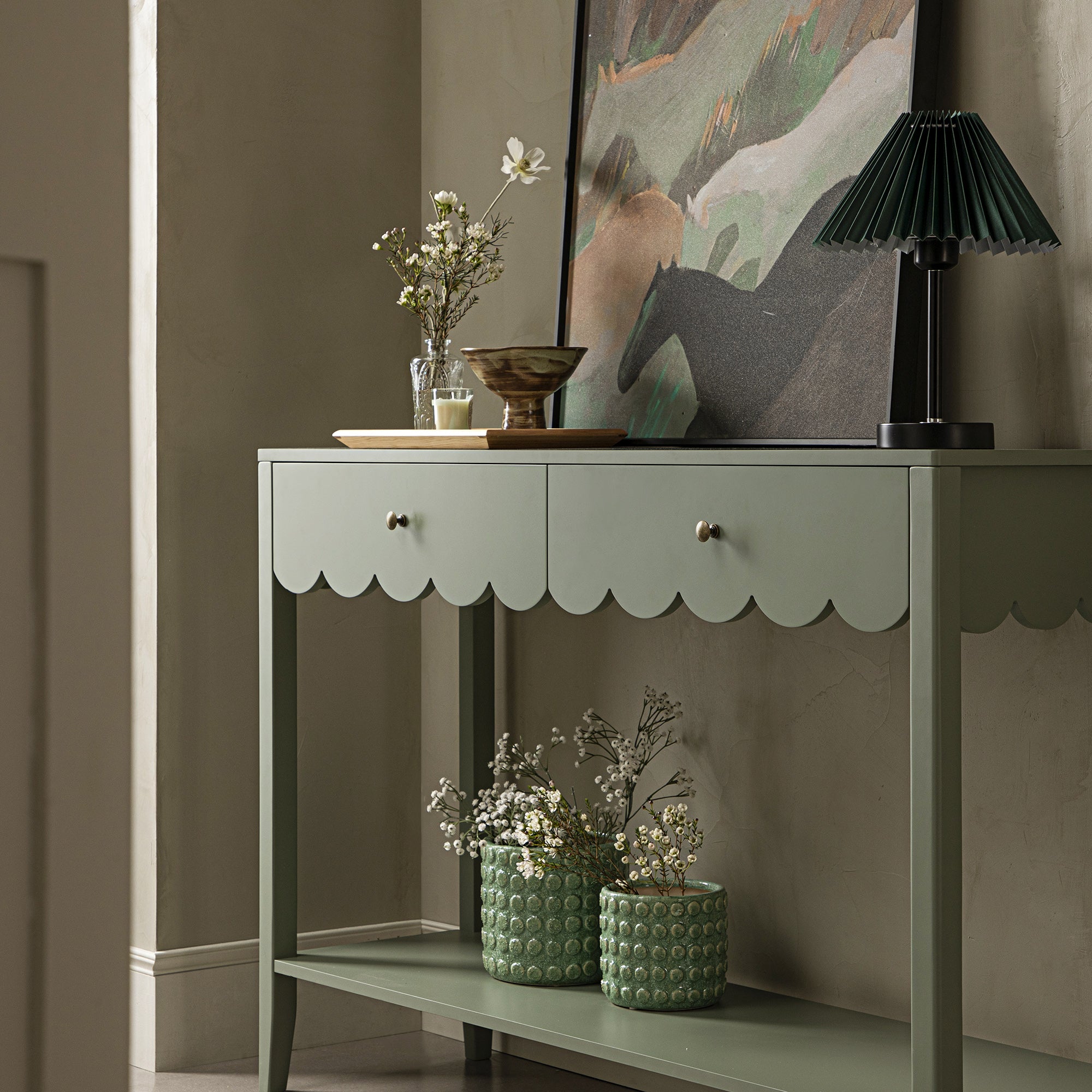 Henley Scalloped Edge Console Table, Sage Green