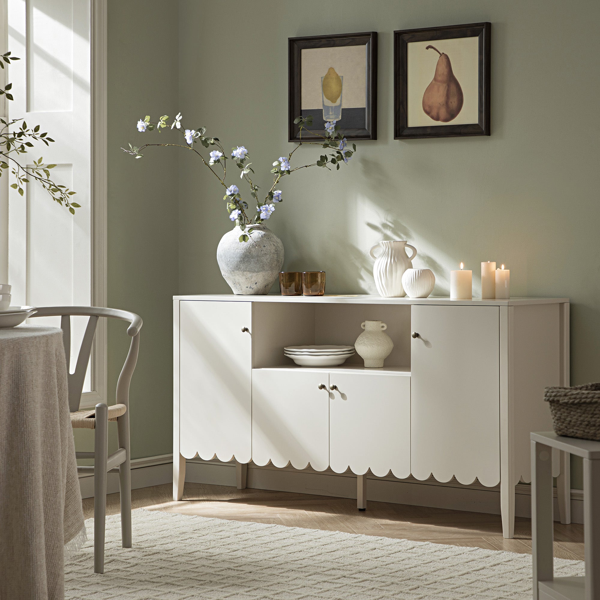 Henley Scalloped Edge 150cm Wide Sideboard with Open Shelf, Light Sand