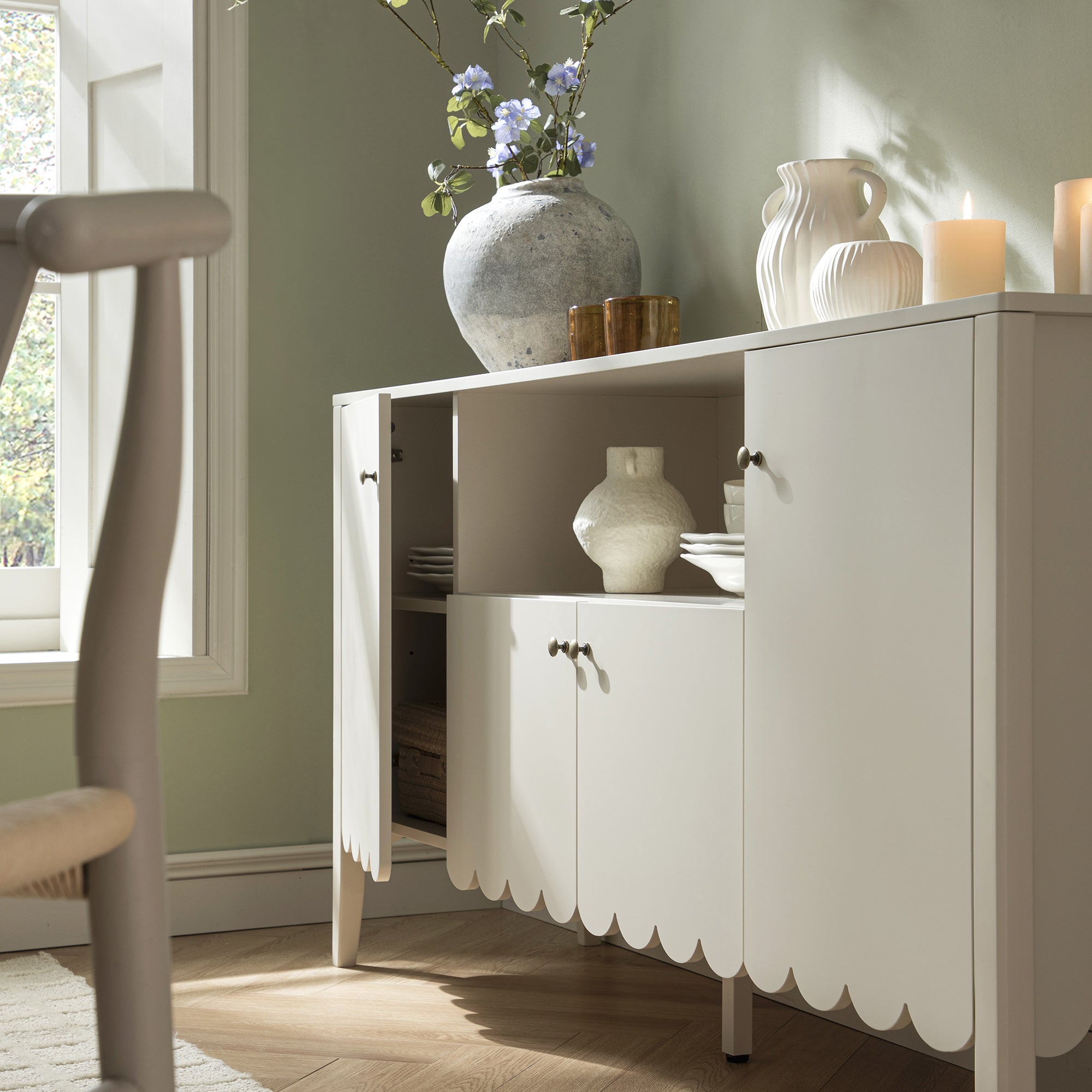 Henley Scalloped Edge 150cm Wide Sideboard with Open Shelf, Light Sand