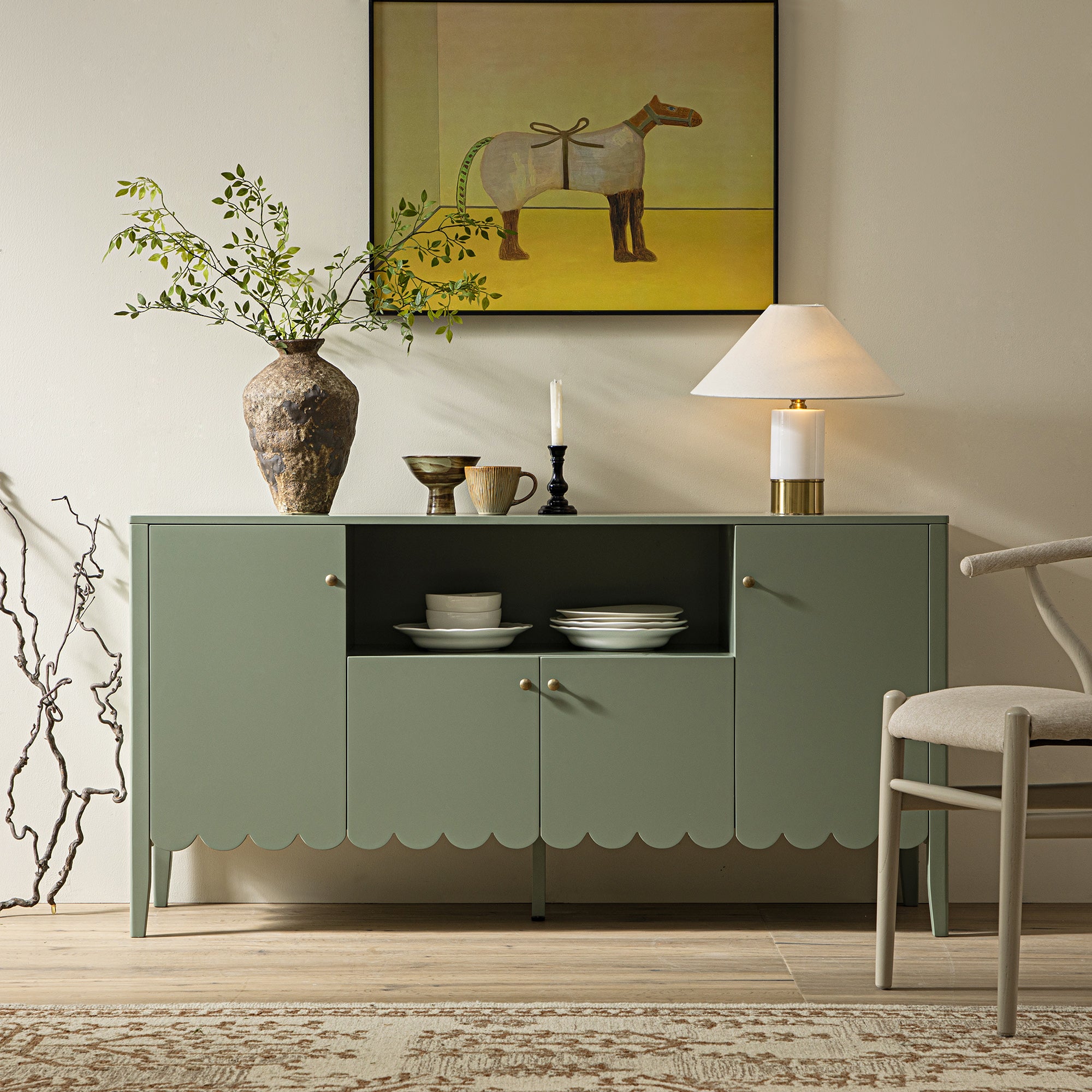 Henley Scalloped Edge 150cm Wide Sideboard with Open Shelf, Sage Green