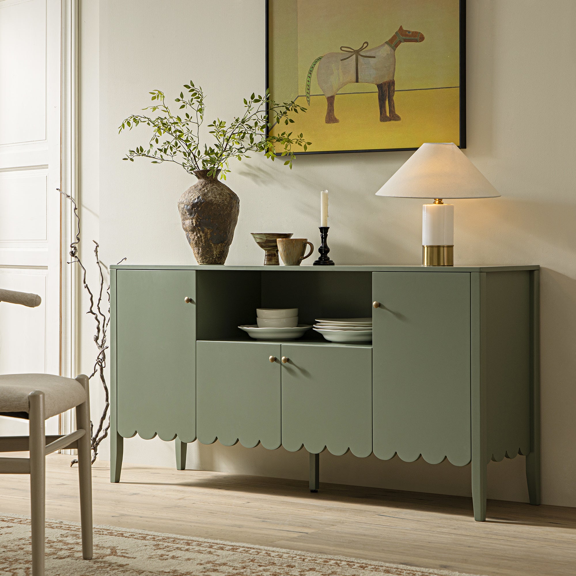 Henley Scalloped Edge 150cm Wide Sideboard with Open Shelf, Sage Green