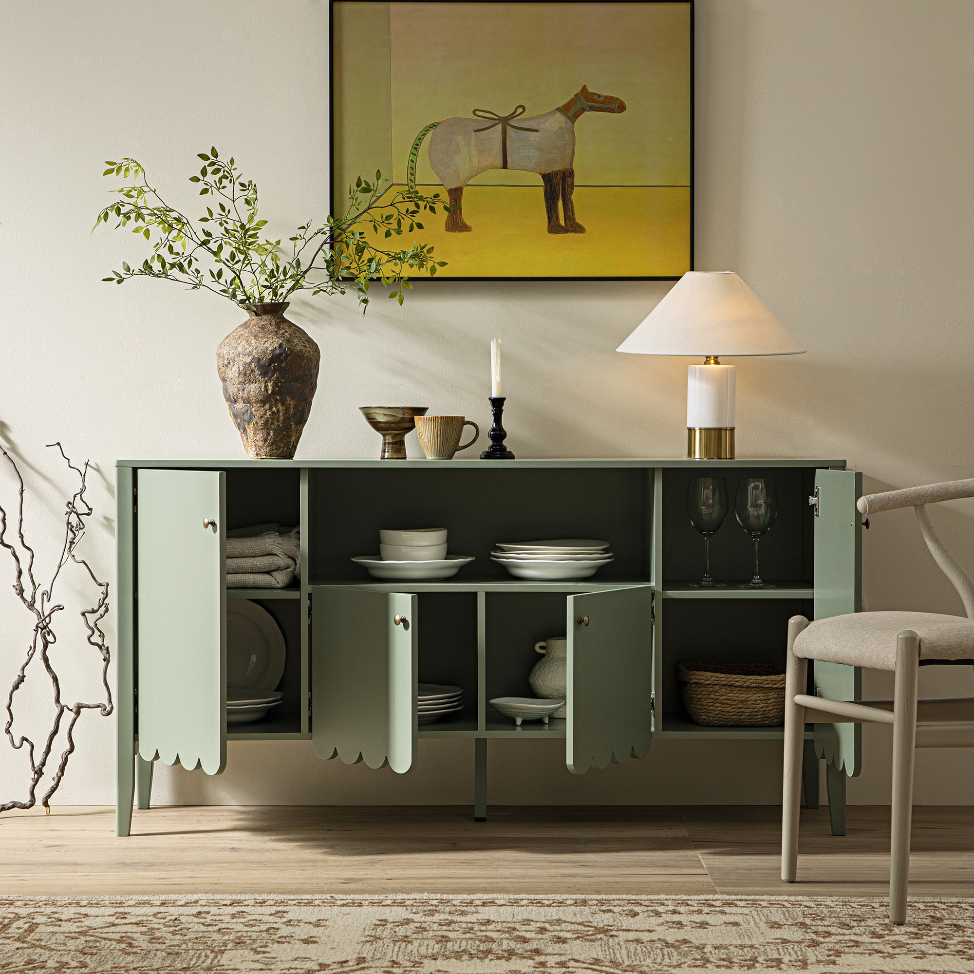 Henley Scalloped Edge 150cm Wide Sideboard with Open Shelf, Sage Green