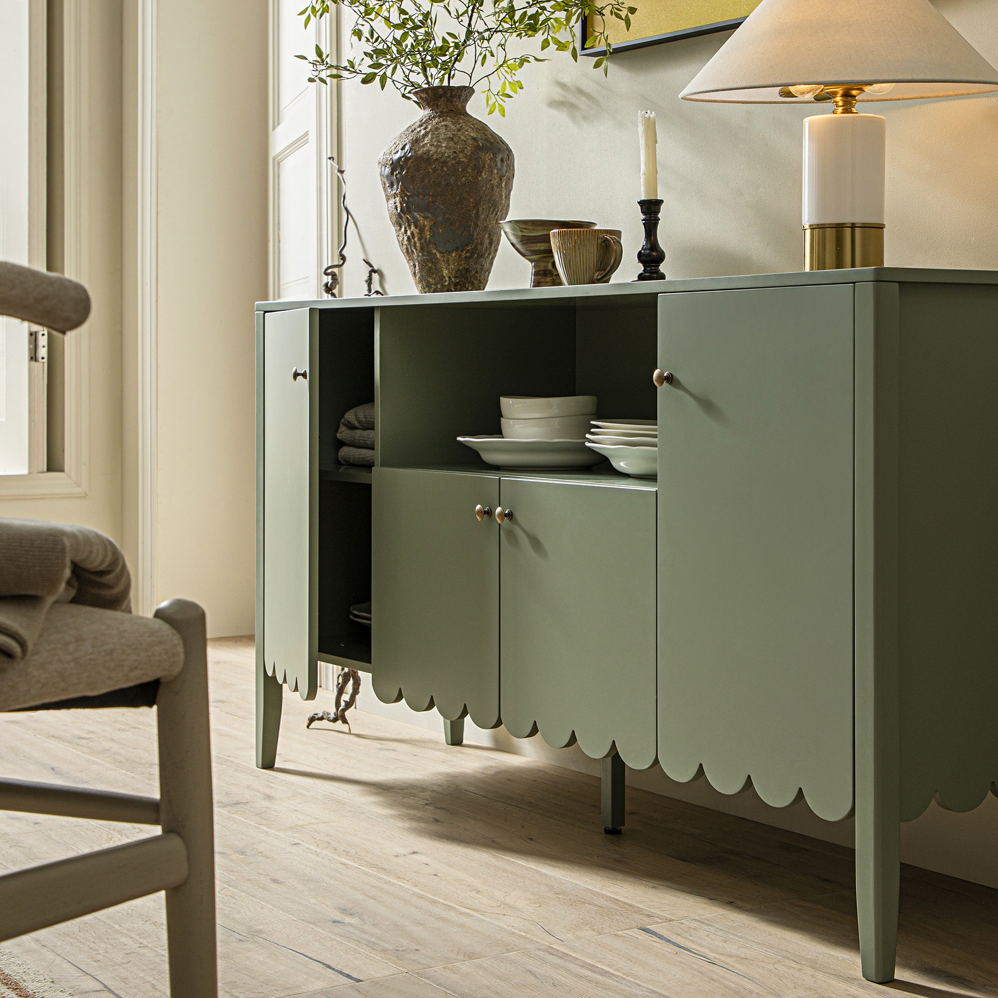 Henley Scalloped Edge 150cm Wide Sideboard with Open Shelf, Sage Green