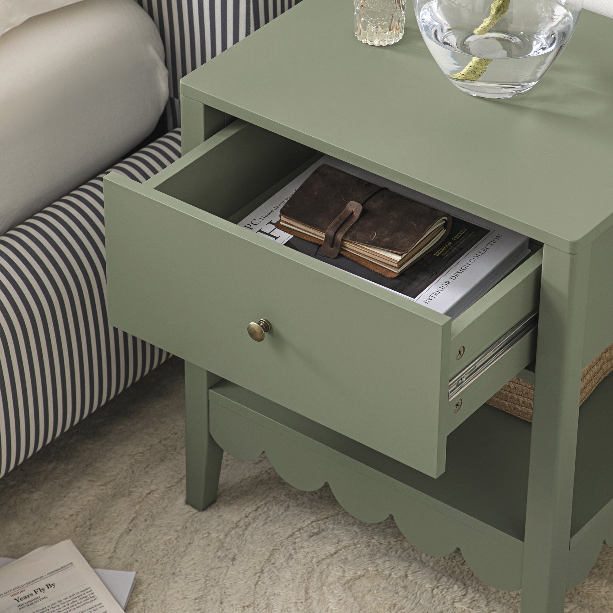 Henley Scalloped Edge Bedside Table with Drawer, Sage Green