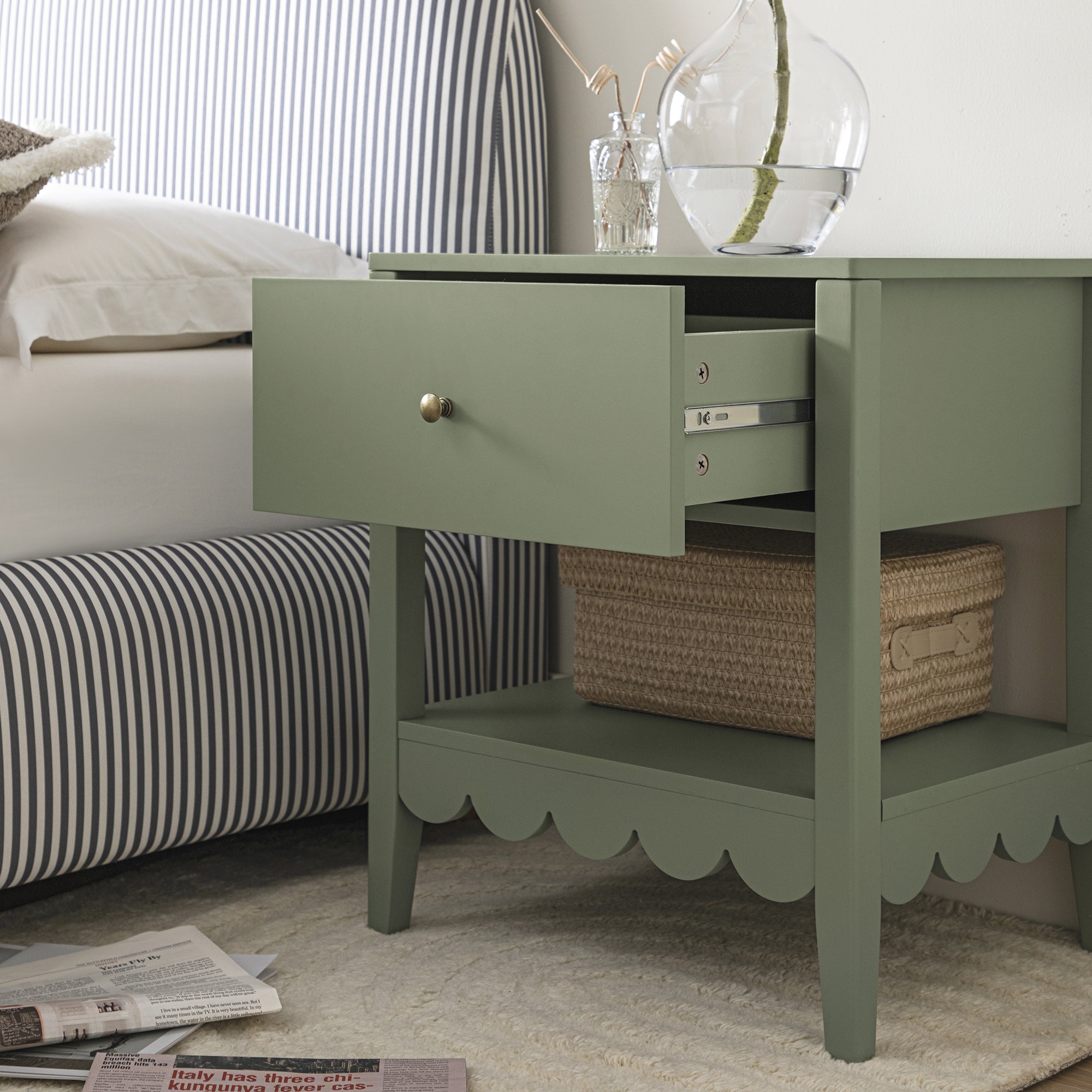 Henley Scalloped Edge Bedside Table with Drawer, Sage Green