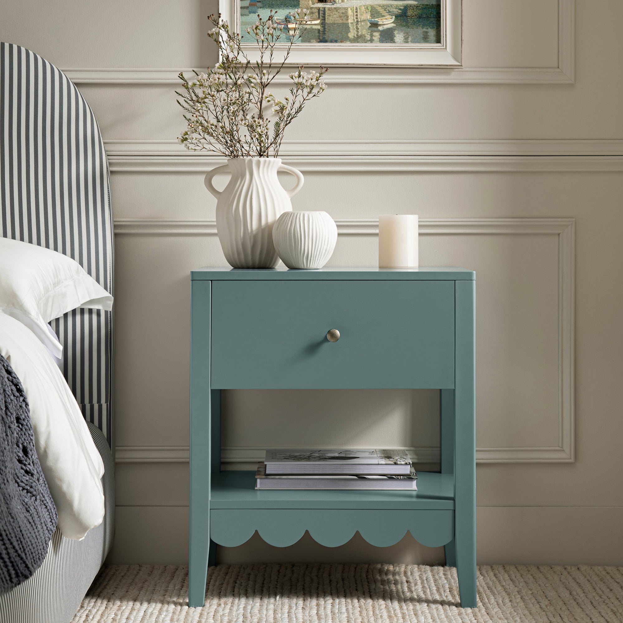 Henley Scalloped Edge Bedside Table with Drawer, Blue Spruce