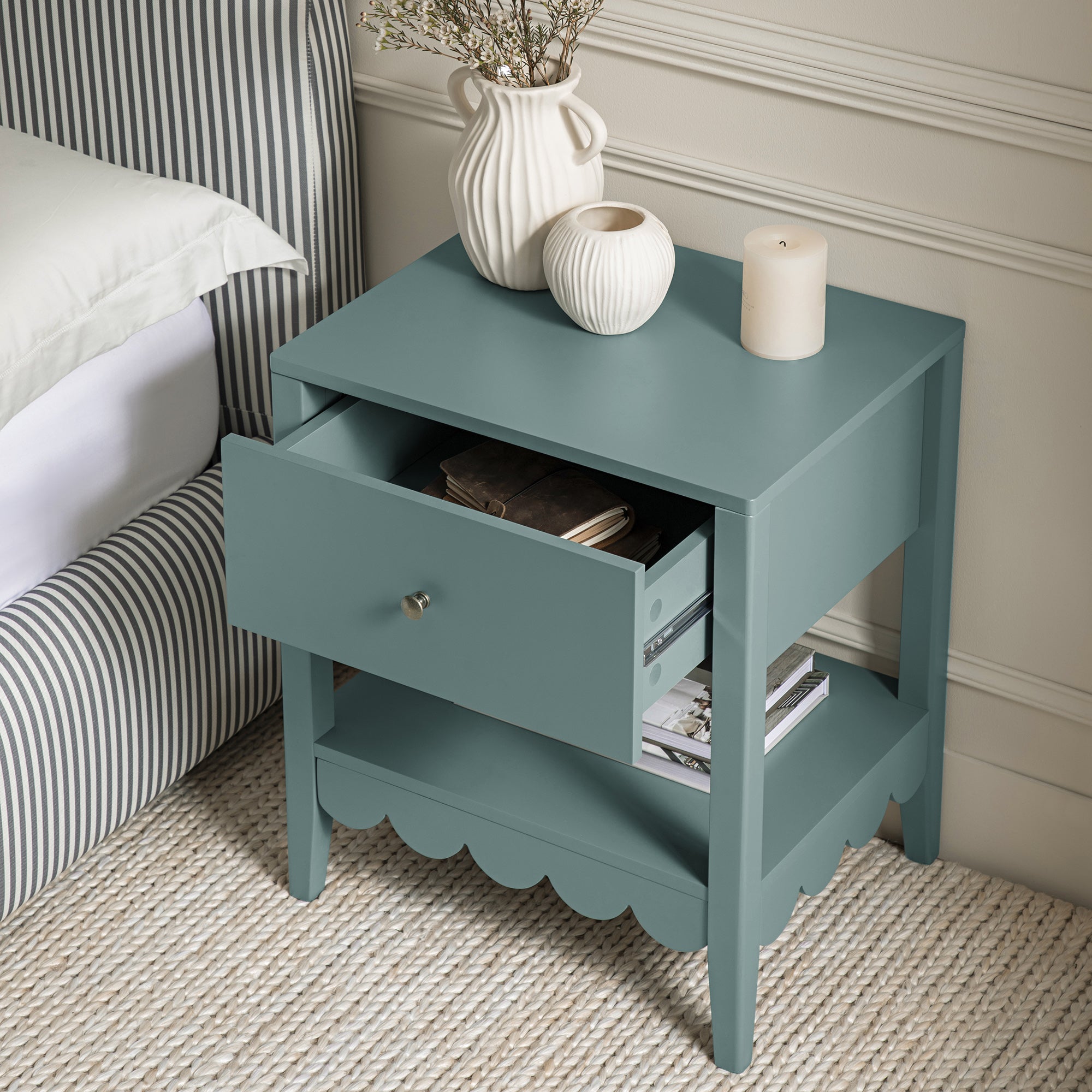 Henley Scalloped Edge Bedside Table with Drawer, Blue Spruce