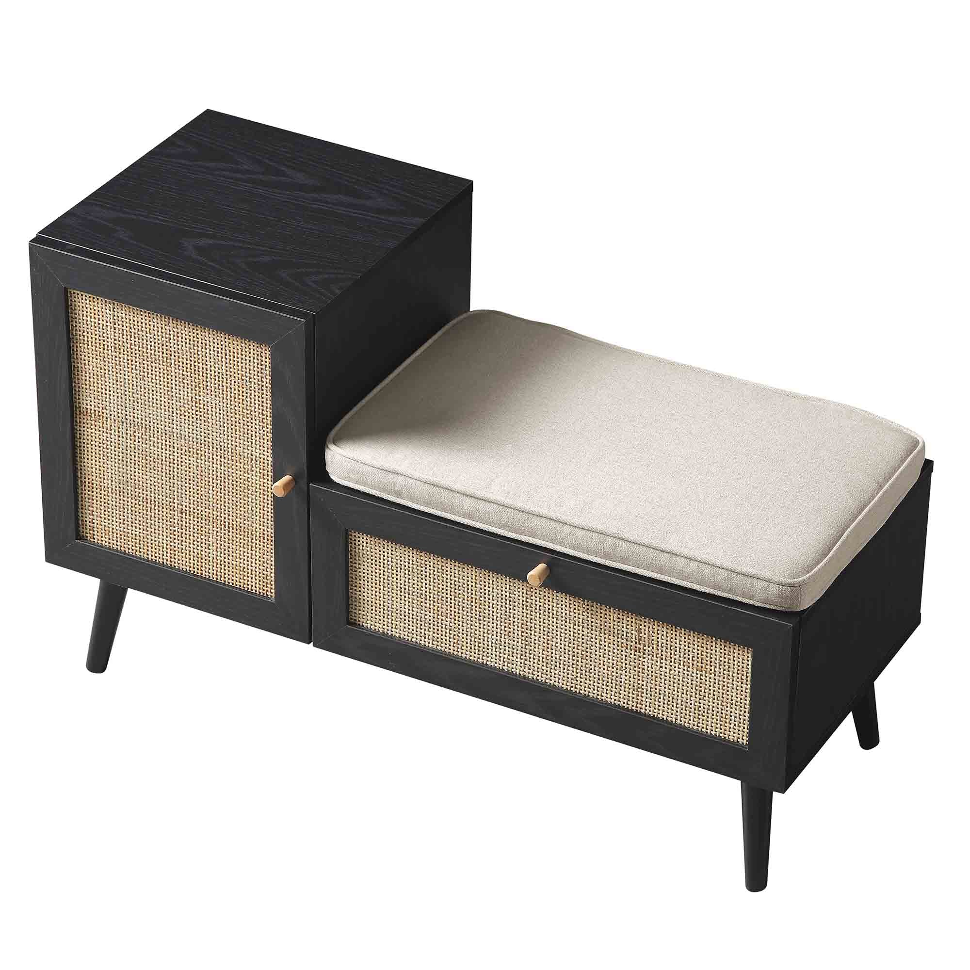 Frances Woven Rattan Storage Bench with Cushion, Black