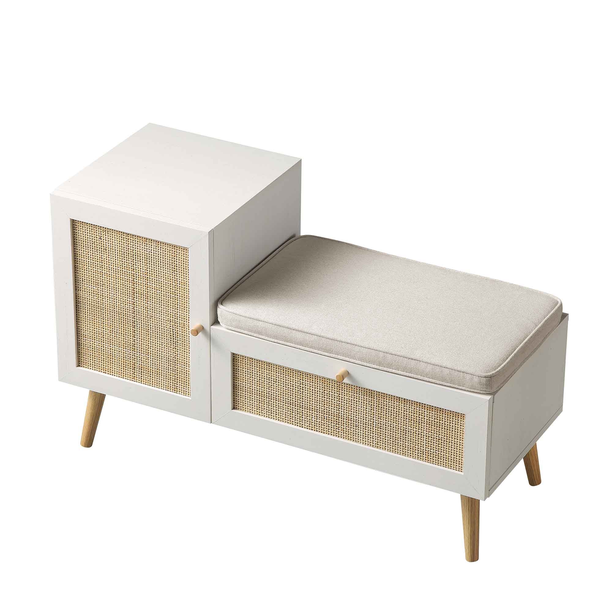 Frances Woven Rattan Storage Bench with Cushion, White