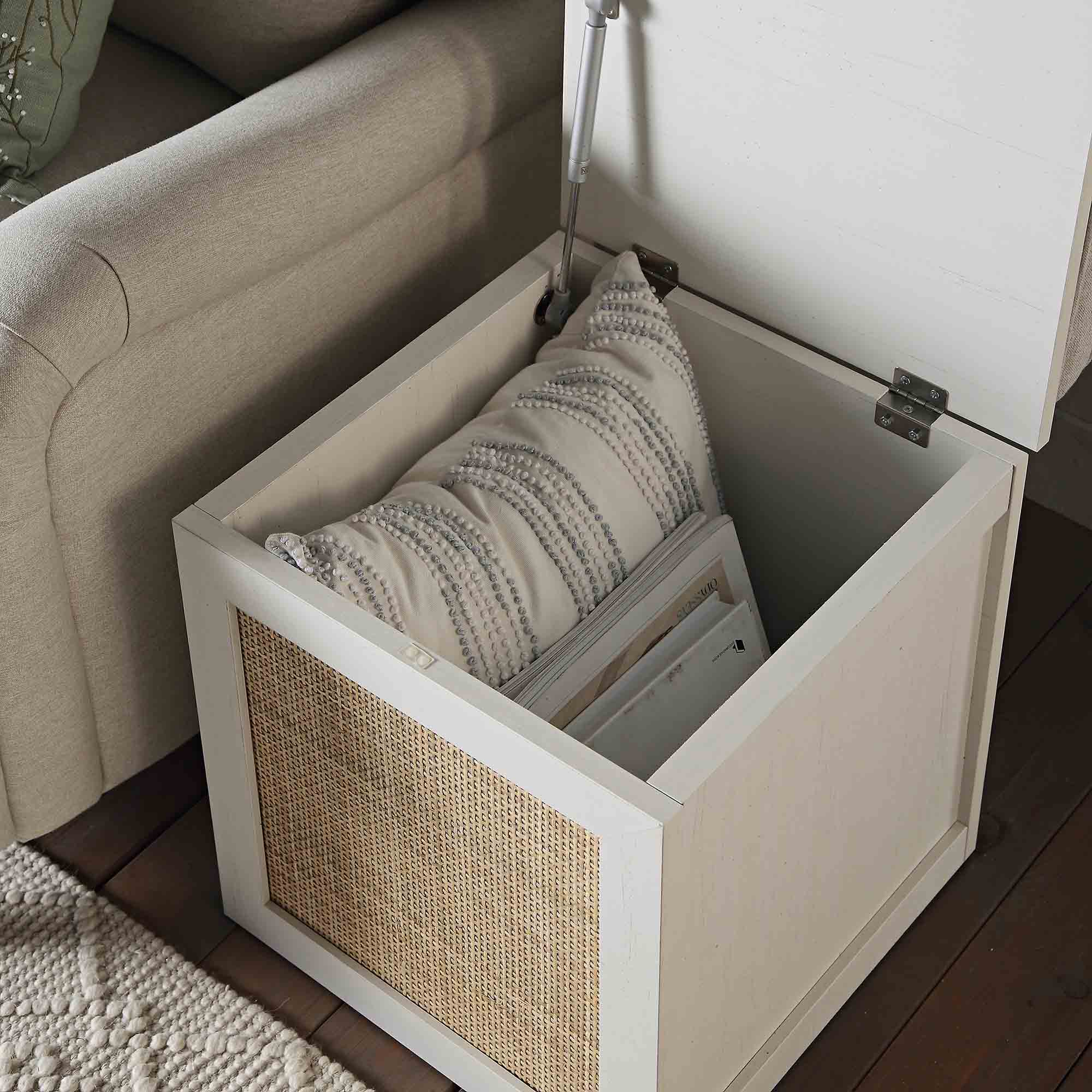 Frances Woven Rattan Single Storage Stool with Cushion, White