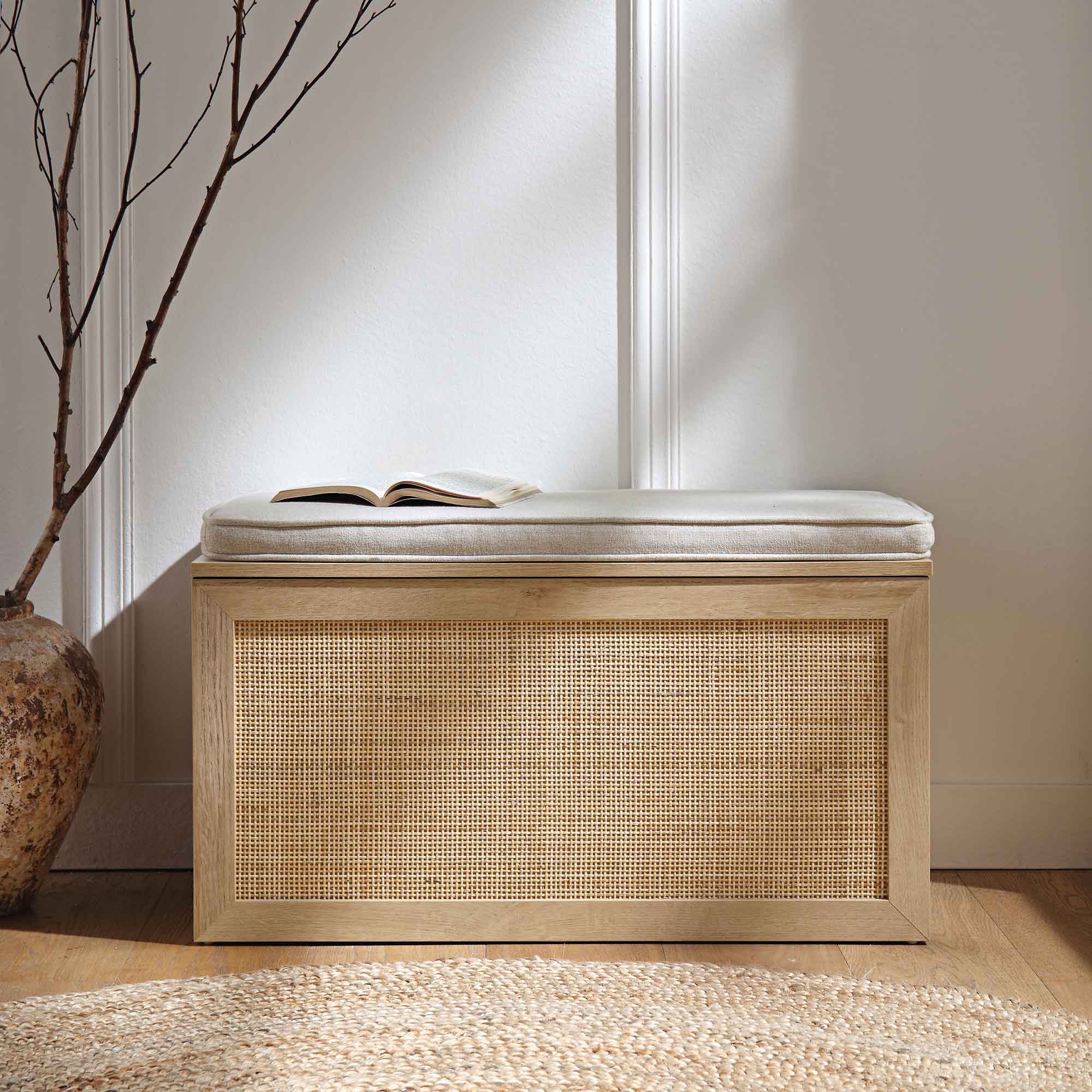 Frances Woven Rattan Double Storage Stool with Cushion, Natural