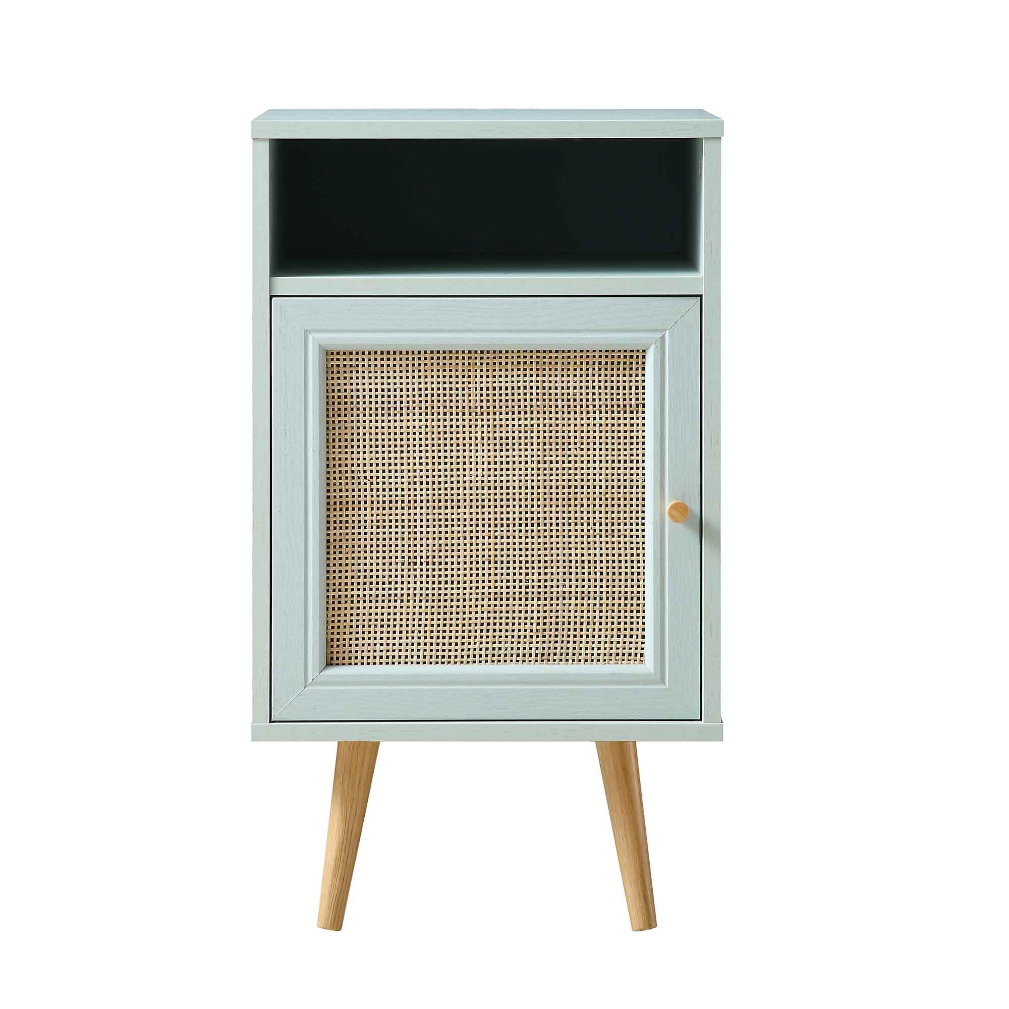 Frances Woven Rattan 1-Door Bedside Table in Mint