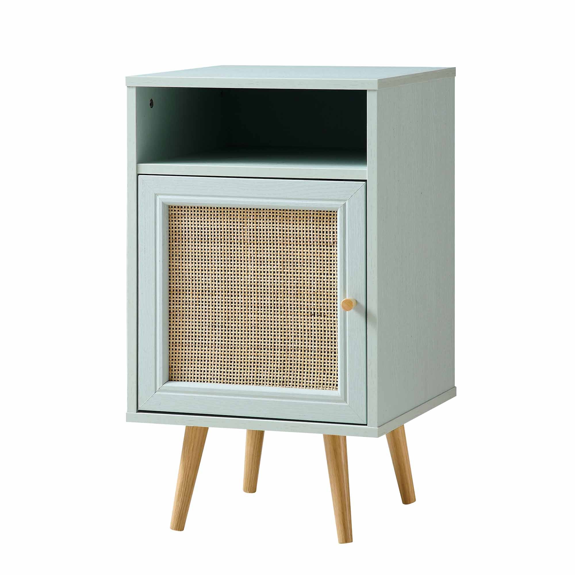 Frances Woven Rattan 1-Door Bedside Table in Mint