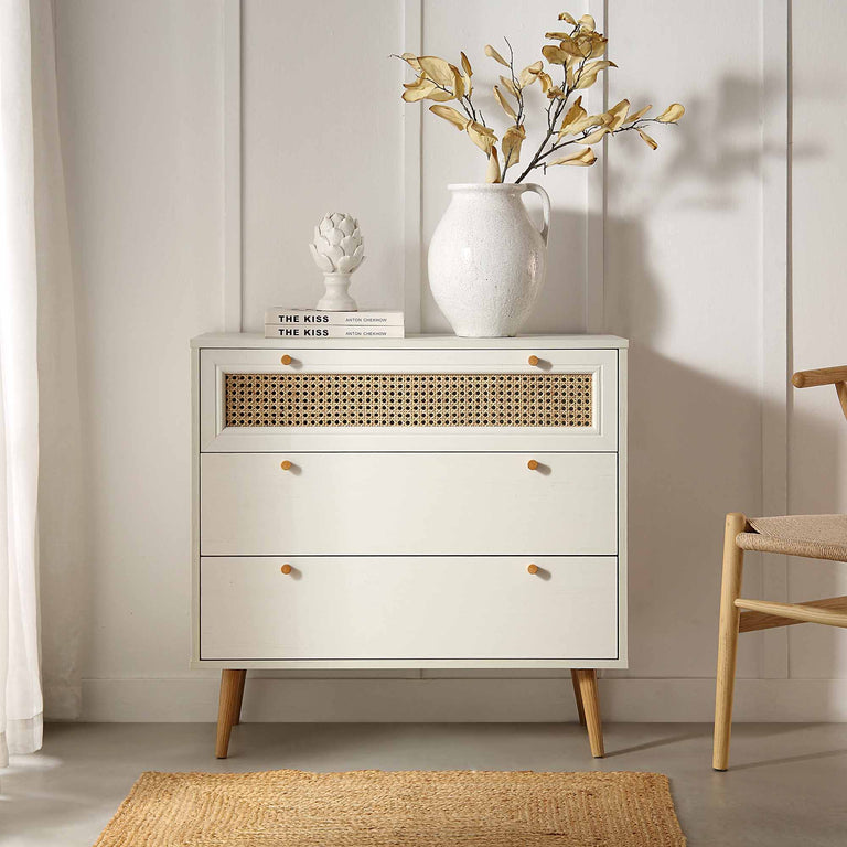 Anya Woven Rattan Chest of 3 Drawers in White | daals