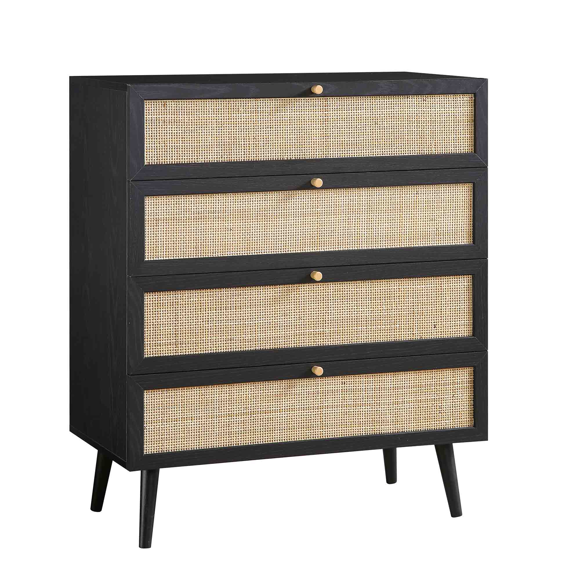 Frances Woven Rattan Tall Chest of 4 Drawers, Black